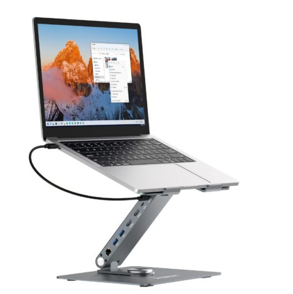 Simplecom-CHT660-Simplecom CHT660 Adjustable Aluminium Laptop Stand with 6-Port USB-C Docking Station Dual 4K HDMI Display Compatible with laptops from 10 to 17 inches