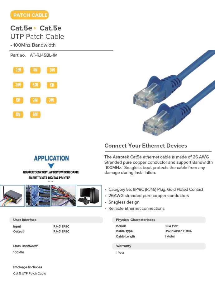 Astrotek | Astrotek CAT5e Cable 1m - Blue Color Premium RJ45 Ethernet Network LAN UTP Patch Cord 26AWG CU Jacket ~CB8W-KO820U-1 | AT-RJ45BL-1M - Image 1