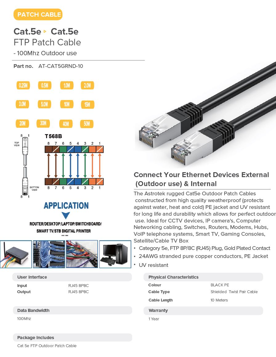 Astrotek | Astrotek 10m CAT5e RJ45 Ethernet Network LAN Cable Outdoor Grounded Shielded FTP Patch Cord 2xRJ45 STP PLUG PE Jacket | AT-CAT5GRND-10 - Image 1