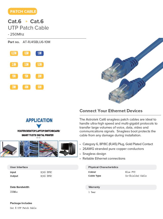 Astrotek | Astrotek CAT6 Cable 10m - Blue Color Premium RJ45 Ethernet Network LAN UTP Patch Cord 26AWG | AT-RJ45BLU6-10M - Image 1