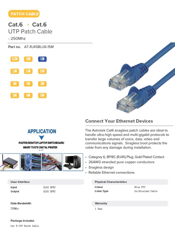 Astrotek | Astrotek CAT6 Cable 15m - Blue Color Premium RJ45 Ethernet Network LAN UTP Patch Cord 26AWG | AT-RJ45BLU6-15M - Image 1