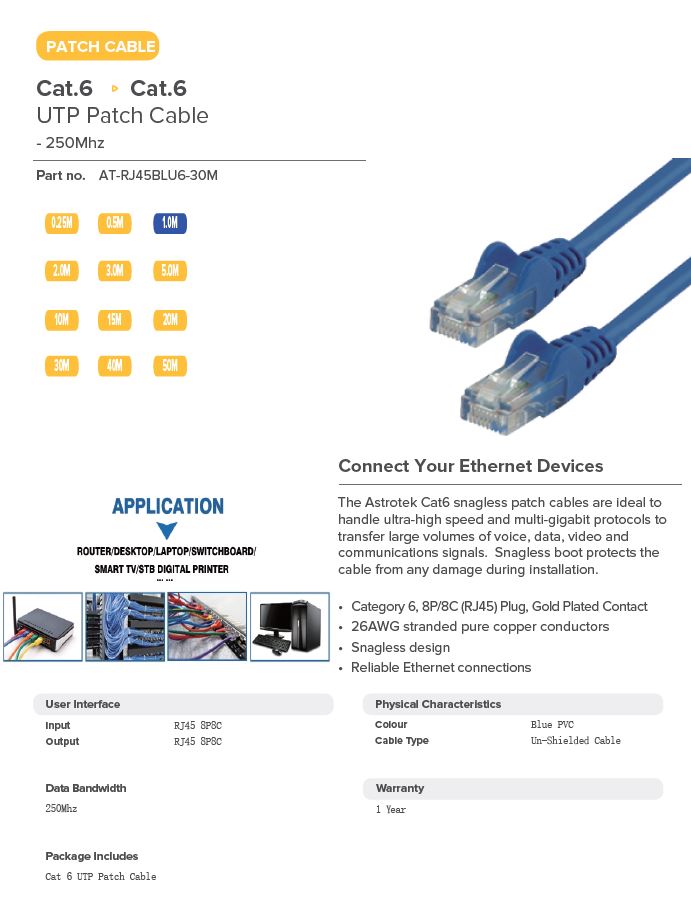 Astrotek | Astrotek CAT6 Cable 30m - Blue Color Premium RJ45 Ethernet Network LAN UTP Patch Cord 26AWG CU Jacket | AT-RJ45BLU6-30M - Image 1