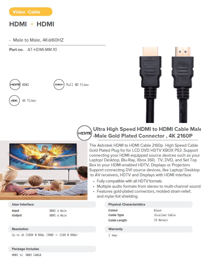 Astrotek | Astrotek HDMI 2.0 Cable 10m - V2.0 Cable 19pin M-M Male to Male Gold Plated 4K x 2K @ 60Hz 4:2:0 3D High Speed with Ethernet | AT-HDMI-MM-10 - Image 1