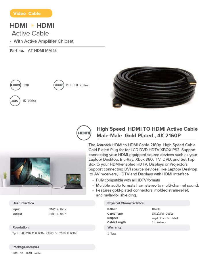 Astrotek | Astrotek HDMI 2.0 Cable 15m - V2.0 Cable 19pin M-M Male to Male Gold Plated 4K x 2K @ 60Hz 4:2:0 3D High Speed with Ethernet | AT-HDMI-MM-15 - Image 1