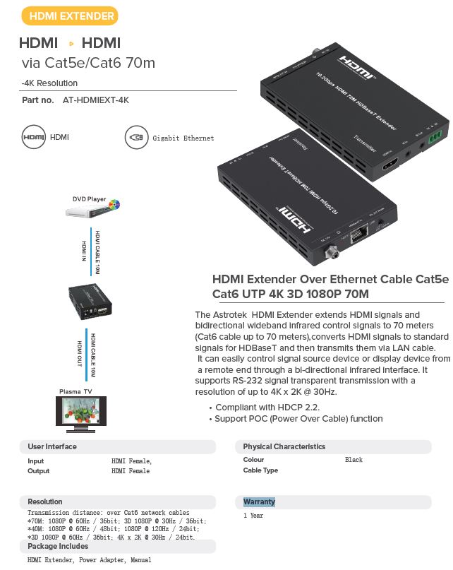 Astrotek | Astrotek HDMI Extender over RJ45 CAT5 CAT6 LAN Ethernet Network Converter Splitter for Foxtel Support 40m 4Kx 2K@30hz or 70m 1080p - a pair | AT-HDMIEXT-4K - Image 1