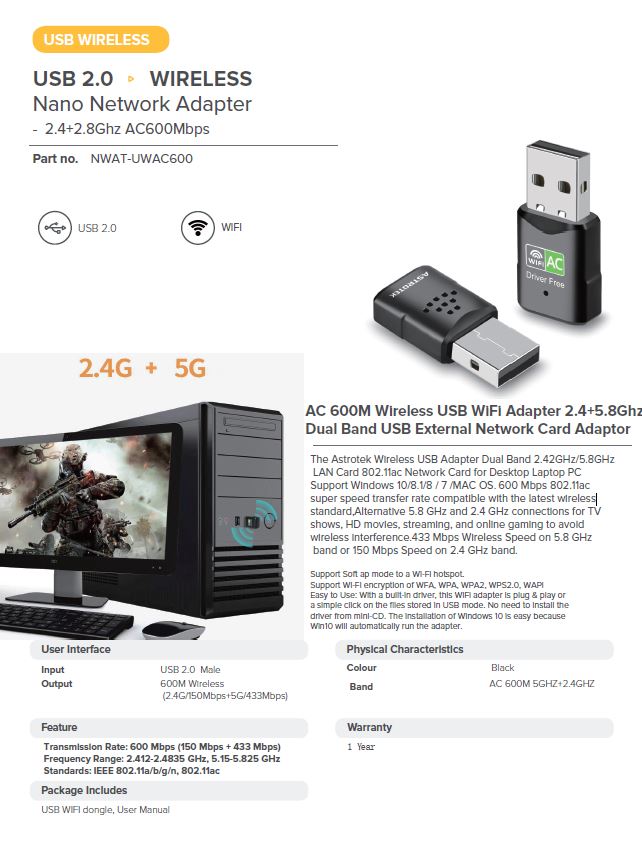 Astrotek | Astrotek AC600 mini Wireless USB Adapter Nano Dual Band WiFi External LAN Network Adaptor for PC MAC Desktop Notebook TV | NWAT-UWAC600 - Image 1
