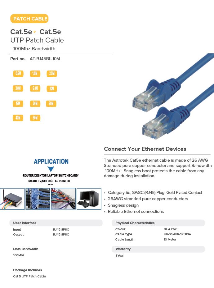 Astrotek | Astrotek CAT5e Cable 10m - Blue Color Premium RJ45 Ethernet Network LAN UTP Patch Cord 26AWG CU Jacket | AT-RJ45BL-10M - Image 1