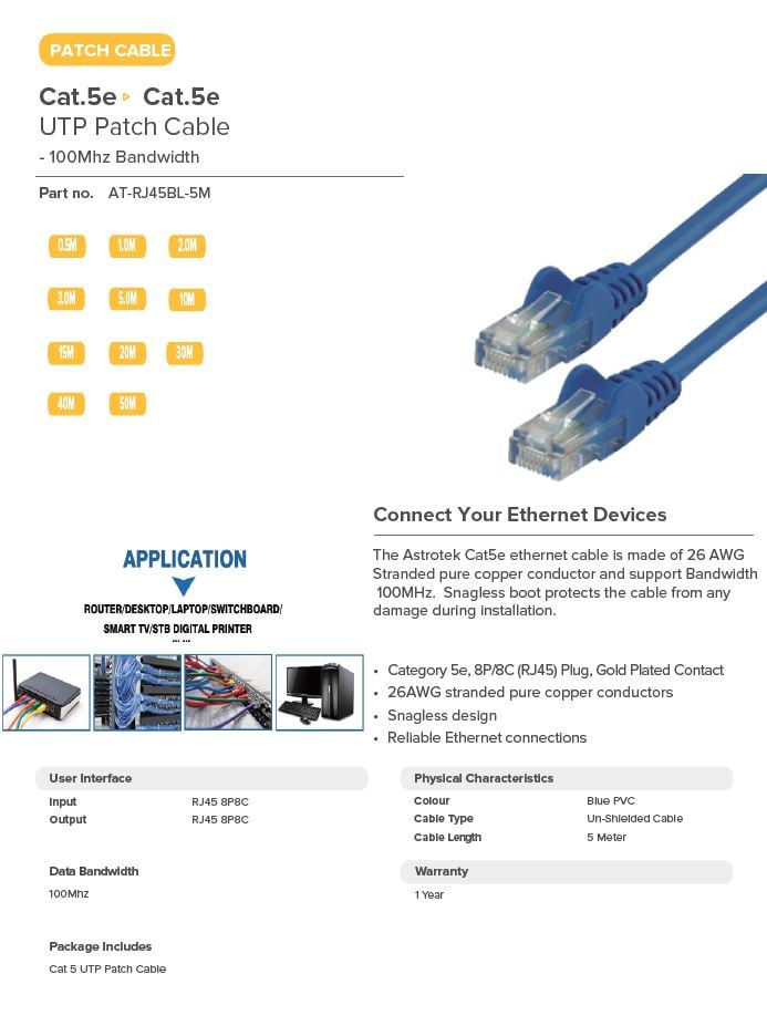 Astrotek | Astrotek CAT5e Cable 5m - Blue Color Premium RJ45 Ethernet Network LAN UTP Patch Cord 26AWG CU Jacket | AT-RJ45BL-5M - Image 1