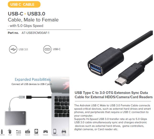 Astrotek | Astrotek USB-C 3.1 Type-C Cable 1m Male to USB 3.0 Type A Female USB Type C to 3.0 OTG Extension Sync Data Cable for External HDDS/Camera/Card Readers | AT-USB31CM30AF-1 - Image 1