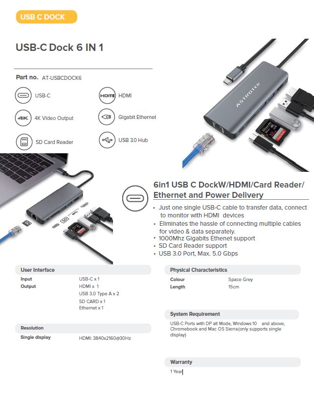 Astrotek | Astrotek USB-C Dock 6-in-1 Multiport Hub/Docking Station with 60W Power 1xHDMI 4K GLAN 2xUSB3.0 Card Reader for HP Lenovo Asus MacBook Chromebook | AT-USBCDOCK6 - Image 1