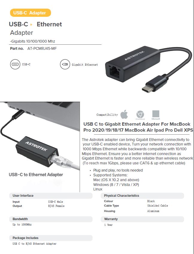 Astrotek | Astrotek USB-C to RJ45 Gigabit LAN Network Ethernet Adapter 15cm Cable Male to Female for HP Lenovo Asus iPad Pro Macbook Air MS Surface Dell XPS | AT-USBCRJ45-MF - Image 1