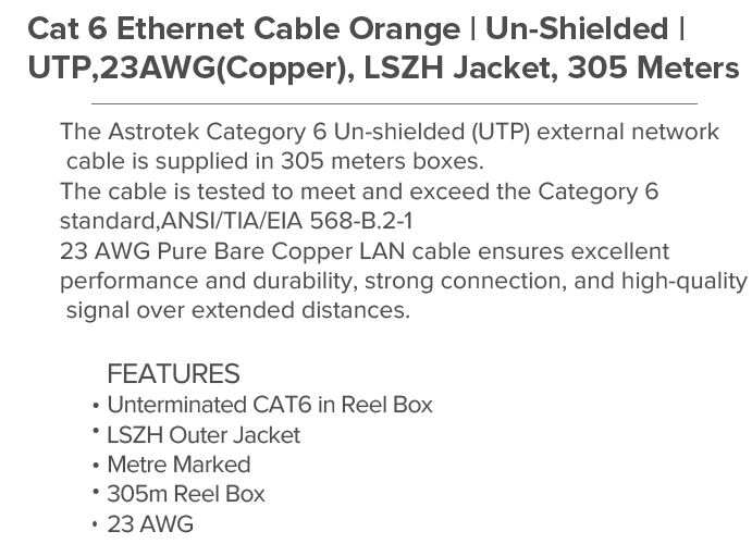 Astrotek | Astrotek CAT6 UTP Cable 305m Roll - Orange Full 0.55mm Copper Solid Wire Ethernet LAN Network 23AWG 0.55cu 2x4p LSZH Jacket | ATP-ORNGU6-305M - Image 1