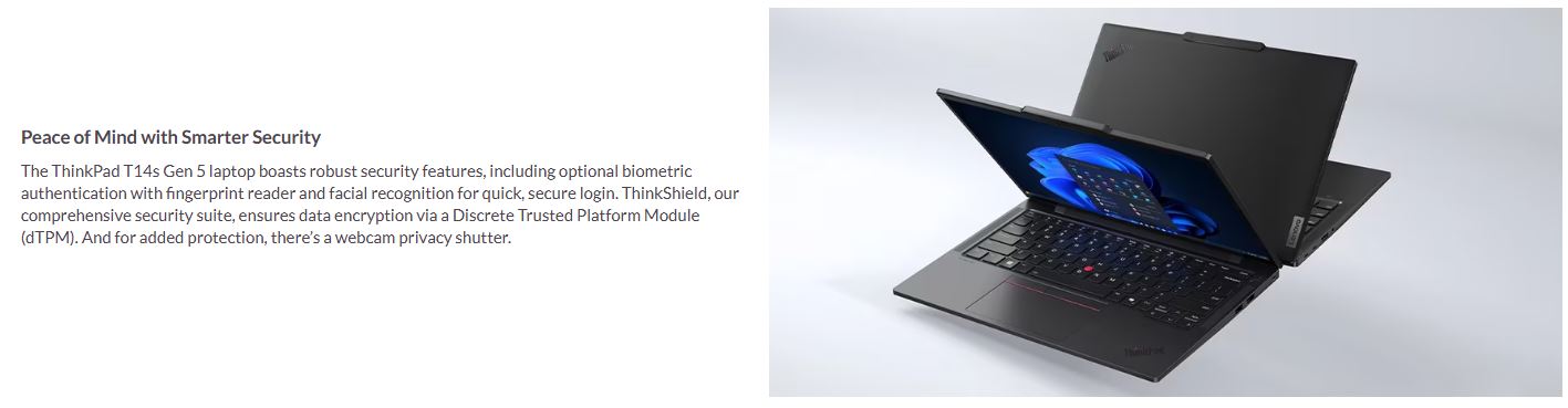 Lenovo | LENOVO ThinkPad T14s G5 14'' WUXGA IR Intel U7-155U 16GB DDR5 512GB SSD WIN 11 PRO Intel GPU NPU 12 TOPS Fingerprint TB 3yr Prem 1.2kg | 21LS0002AU - Image 5
