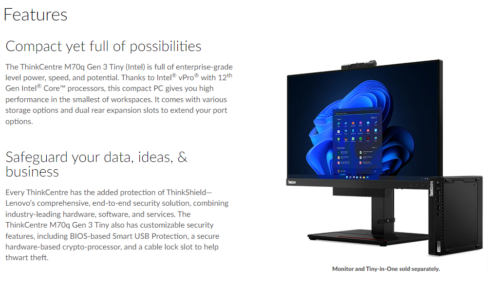 Lenovo | LENOVO ThinkCentre M70q G5 Tiny Desktop PC Intel i5-14400T 16GB DDR5 256GB SSD Windows 11 Pro 3yrs Onsite UHD Graphics LAN Keyboard Mouse | 12TD0029AU - Image 1