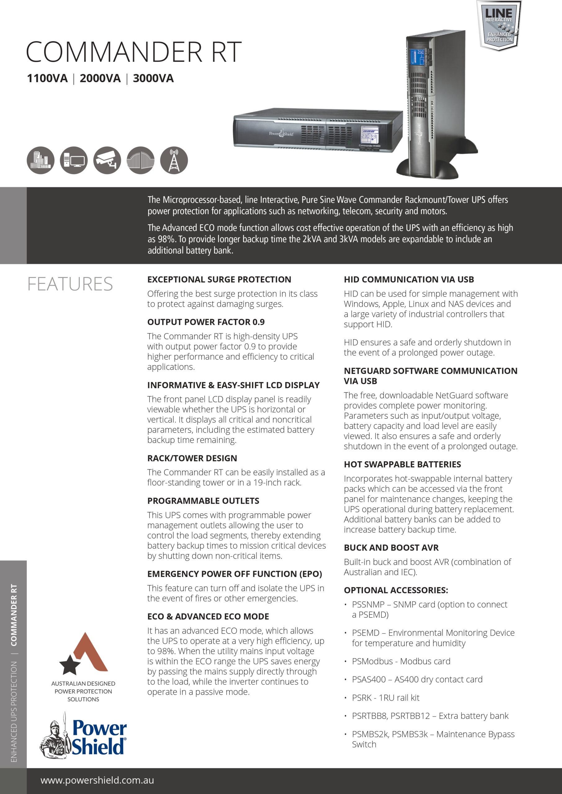 PowerShield | PowerShield Commander RT 3000VA/2700W, 240VAC Input, Hot-swappable batteries, 2 AUS sockets, 10A, C13 x 5, 15A, C19 x 1, 2-year warranty | PSCRT3000 - Image 1