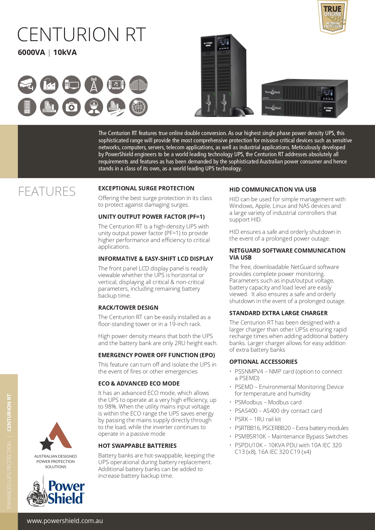 PowerShield | PowerShield Centurion RT 6000VA/6000W Long Run Model True On-Line, Double Conversion UPS, Hard wired terminal input/output, requires ext battery | PSCERT6000L - Image 1
