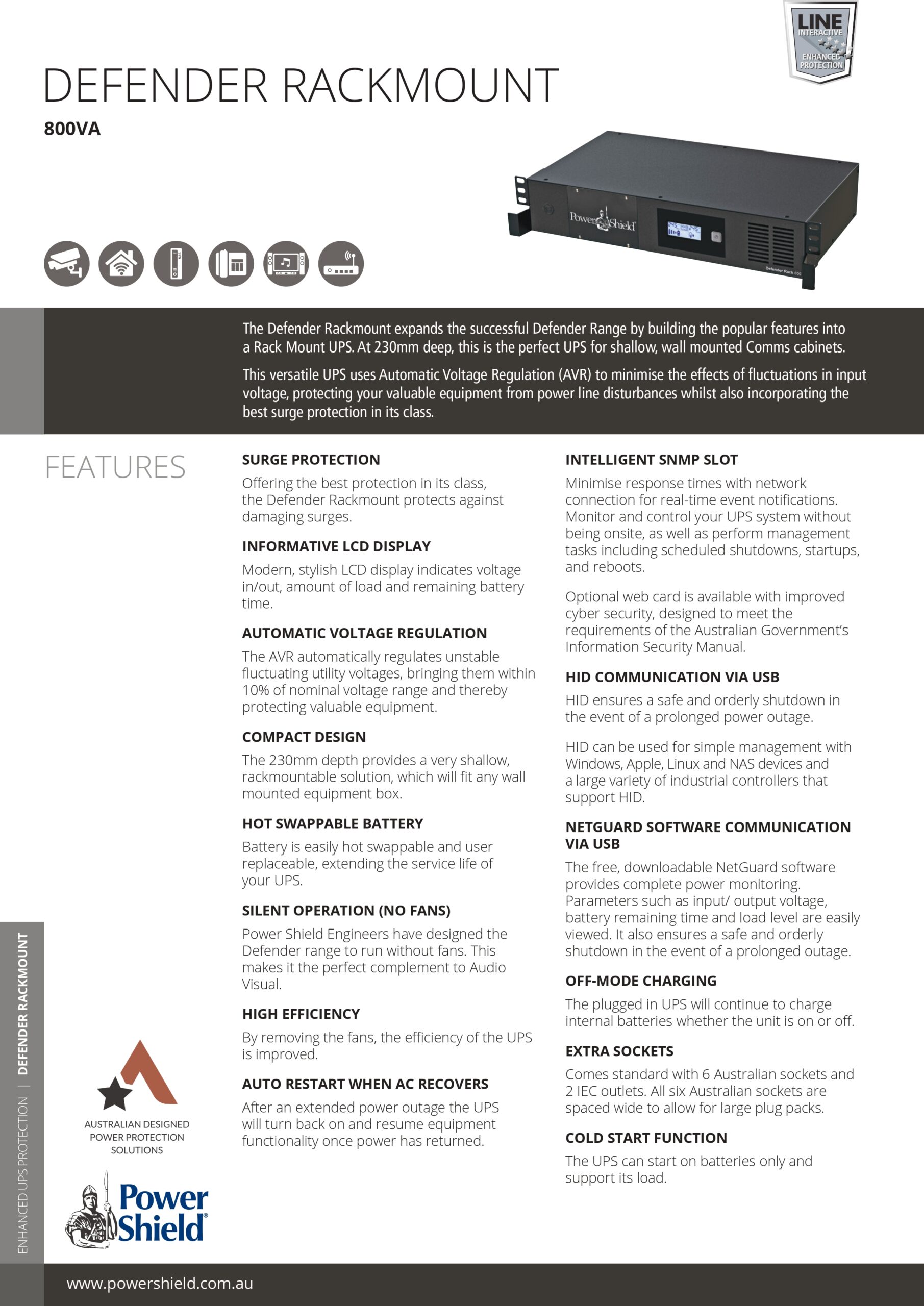 PowerShield | PowerShield Defender Rackmount Network Ready Bundle (1xPSDR800 + 1xPSSNMPV1), 4 AUS sockets, user-replaceable batteries | PSDR800N - Image 1