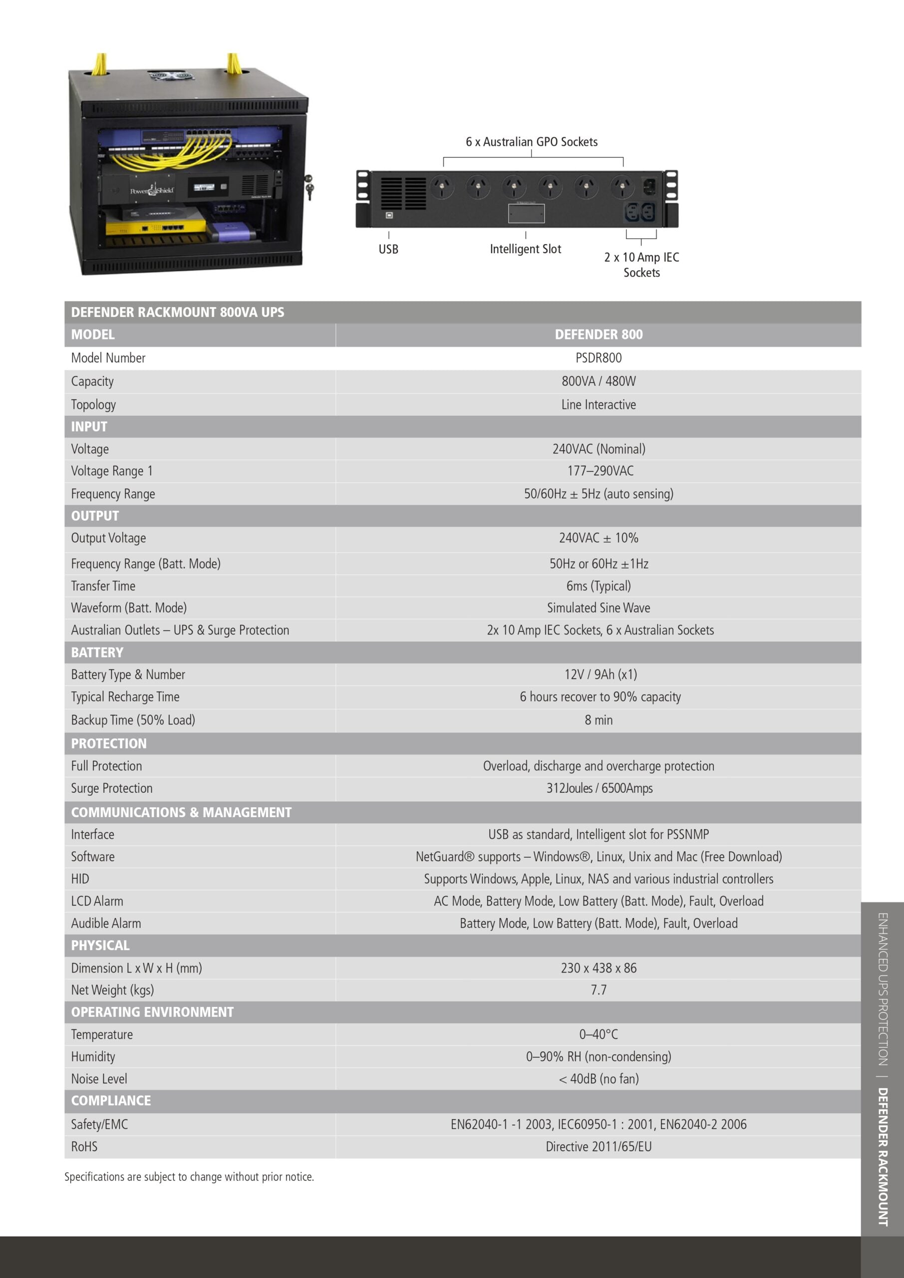 PowerShield | PowerShield Defender Rackmount Network Ready Bundle (1xPSDR800 + 1xPSSNMPV1), 4 AUS sockets, user-replaceable batteries | PSDR800N - Image 2