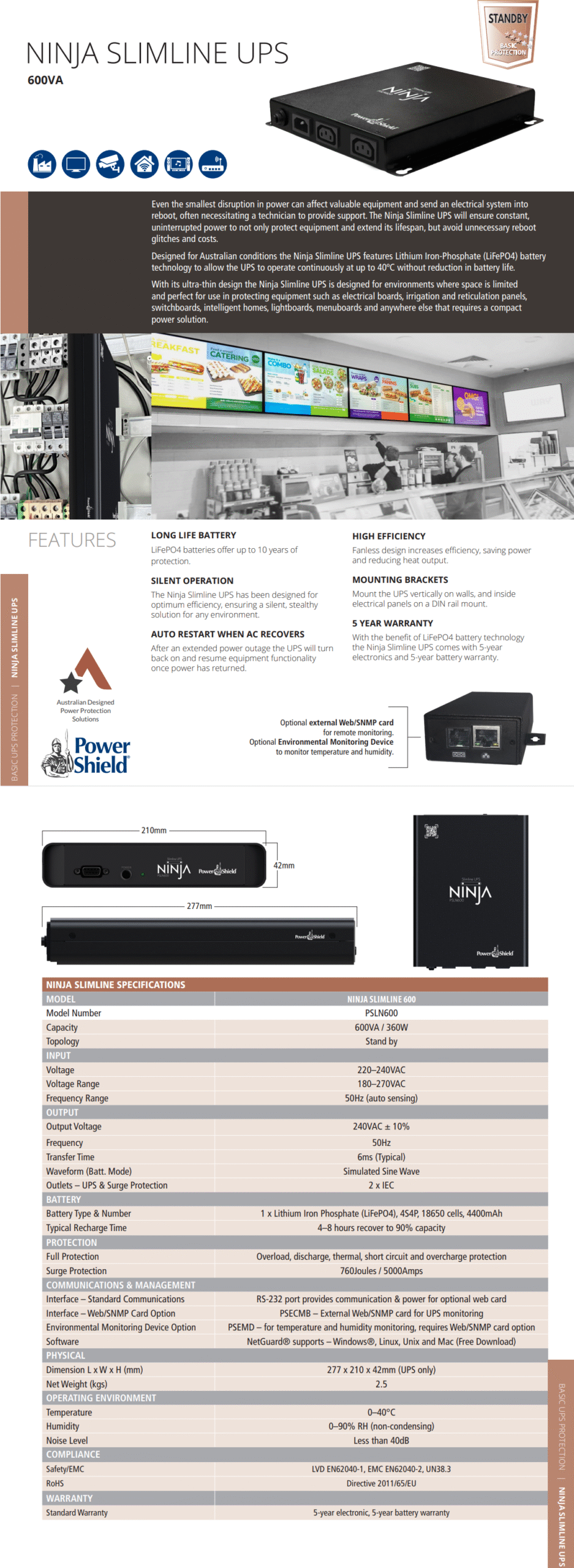 PowerShield | PowerShield Ninja Slimline 600VA UPS, LiFePO4, 2x IEC Outputs, Lithium-iron Phosphate, DIN Rail Mount, Silent Operation, 5 Yr Warranty | PSLN600 - Image 1