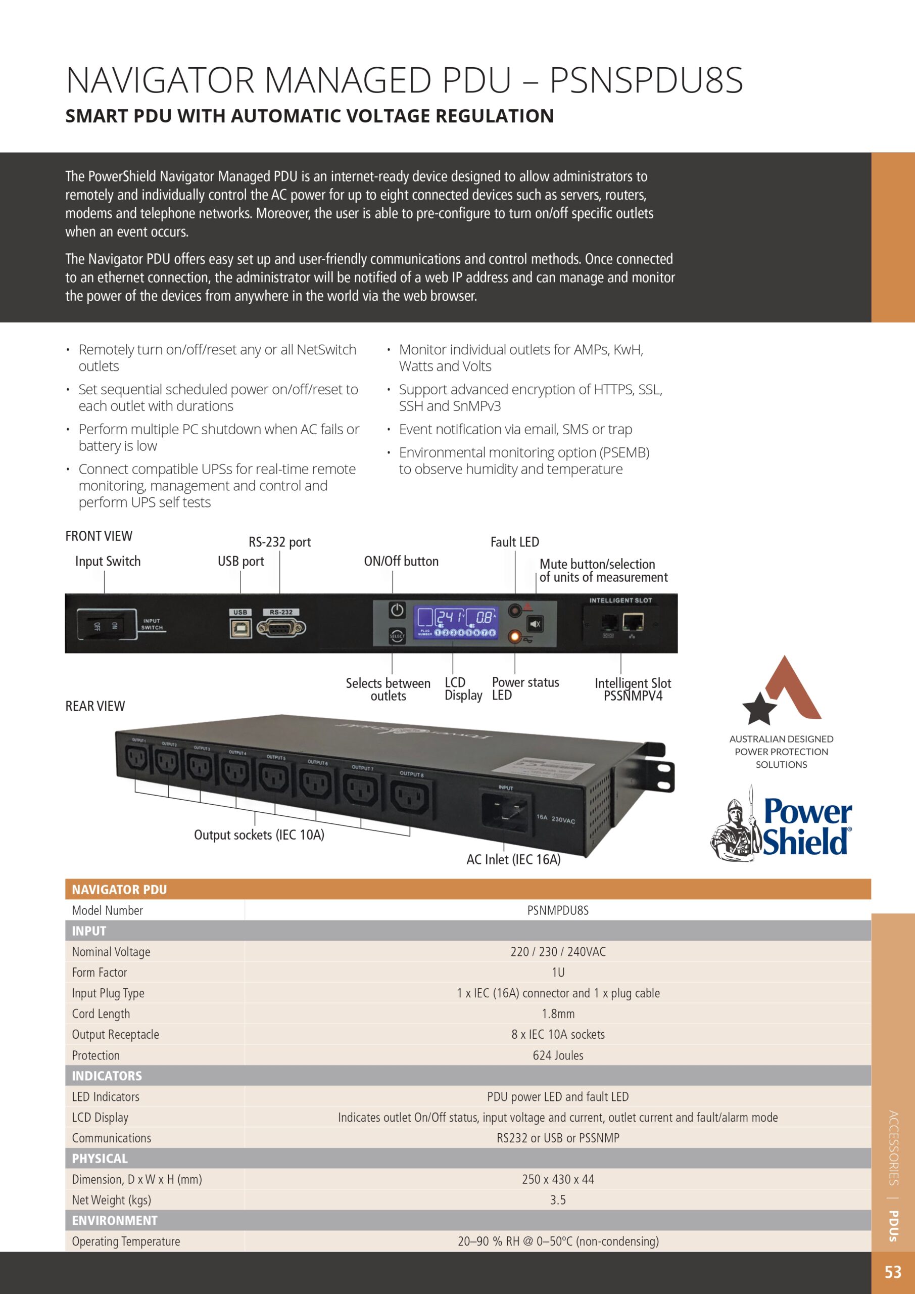 PowerShield | PowerShield Navigator Smart PDU, includes PSSNMPv4, 15Amp input, 8 x C13 outputs, efficient power distribution and monitoring | PSNSPDU8S - Image 1
