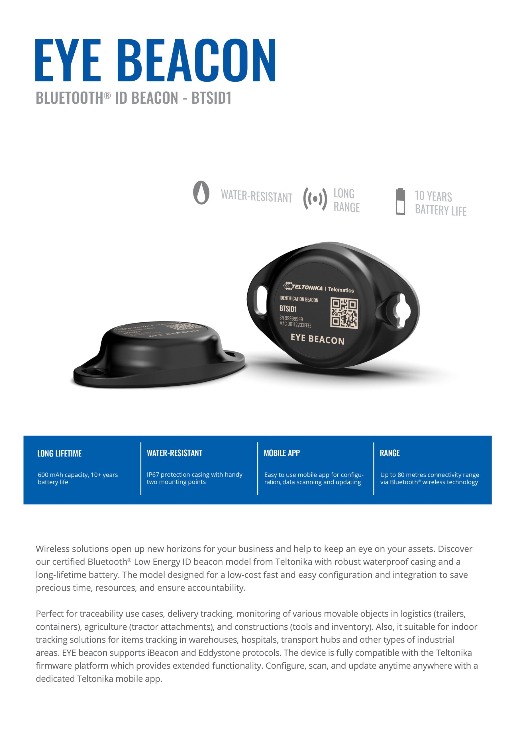 Teltonika | Teltonika Telematics EYE BEACON - BTSID1 - Bluetooth® ID beacon to keep an eye on your assets | BTSID17RE502 - Image 1