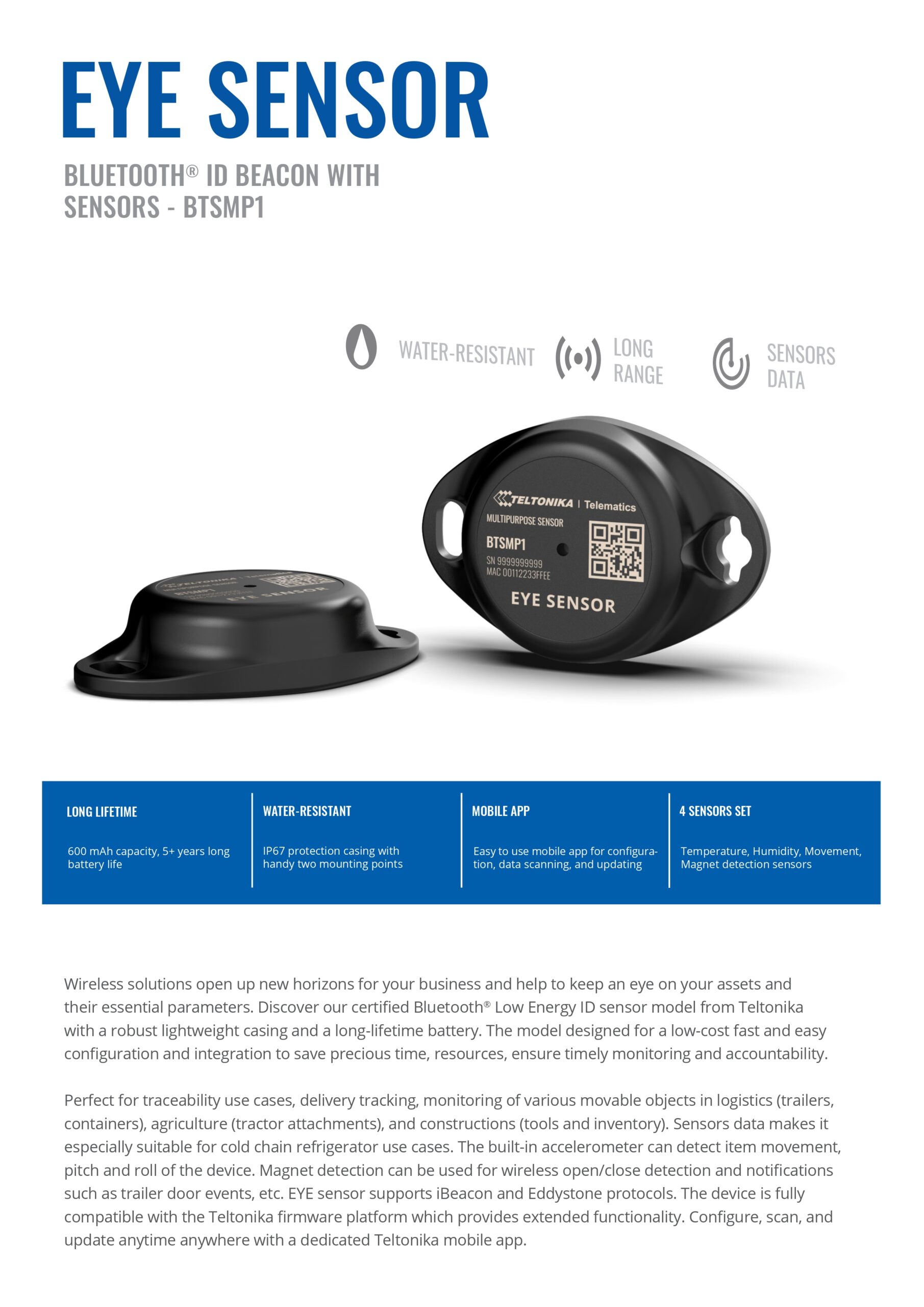 Teltonika | Teltonika Telematics EYE SENSOR - BTSMP1 - Bluetooth® sensor to monitor your assets | BTSMP14NE502 - Image 1