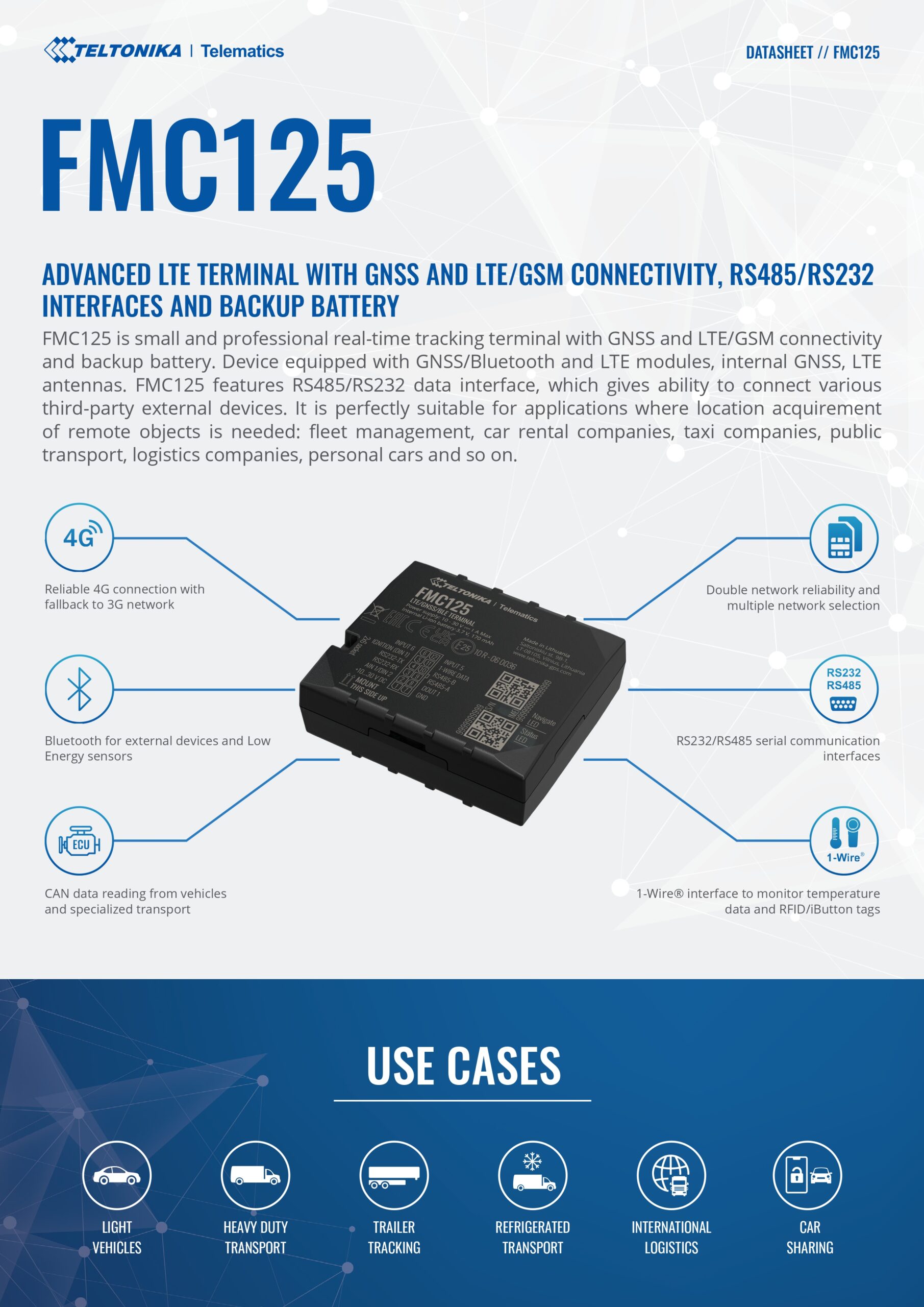 Teltonika | Teltonika FMC125 Advanced LTE Terminal with GNSS and LTE/GSM Connectivity, RS485/RS232 Interfaces and Backup Battery | FMC12547XW01 - Image 1