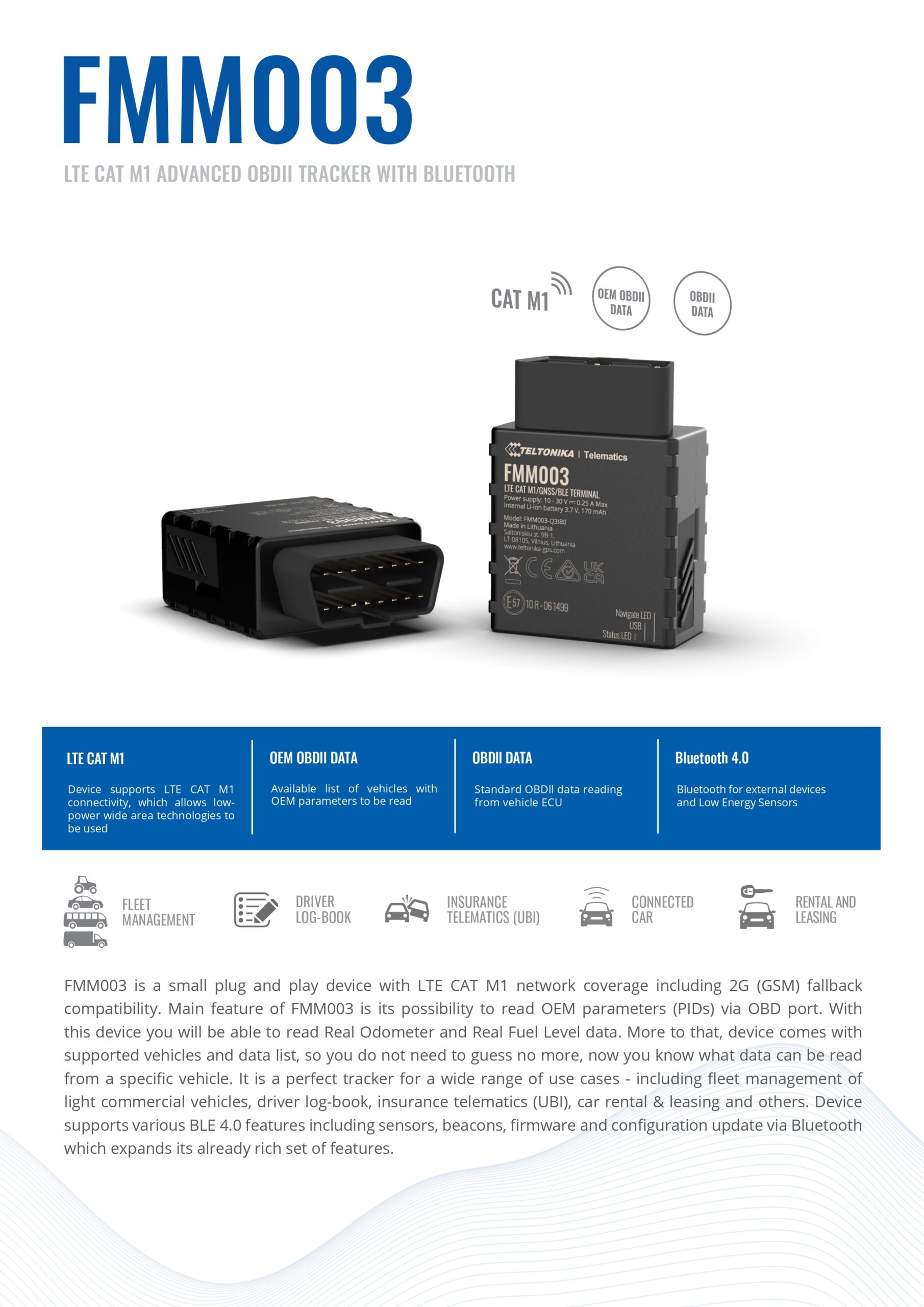Teltonika | Teltonika FMM003 LTE CAT M1 Tracker with Advanced OBD OEM Data Reading for Global Coverage | FMM0037FAU01 - Image 1