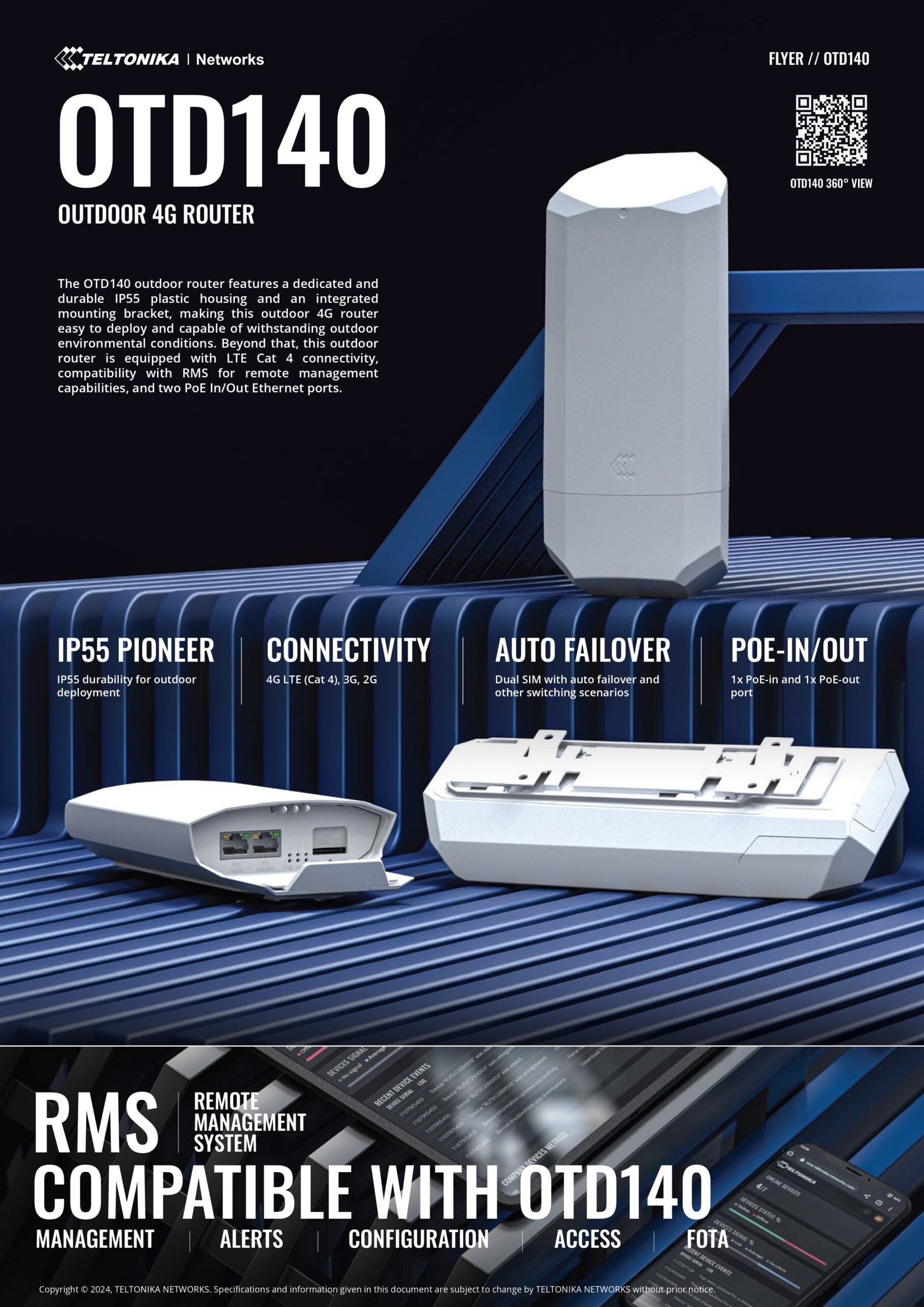 Teltonika | Teltonika Outdoor 4G Router, 4G LTE (Cat 4), 1x PoE-in and 1x PoE-out port, IP55, PSU excluded | OTD140000000 - Image 1