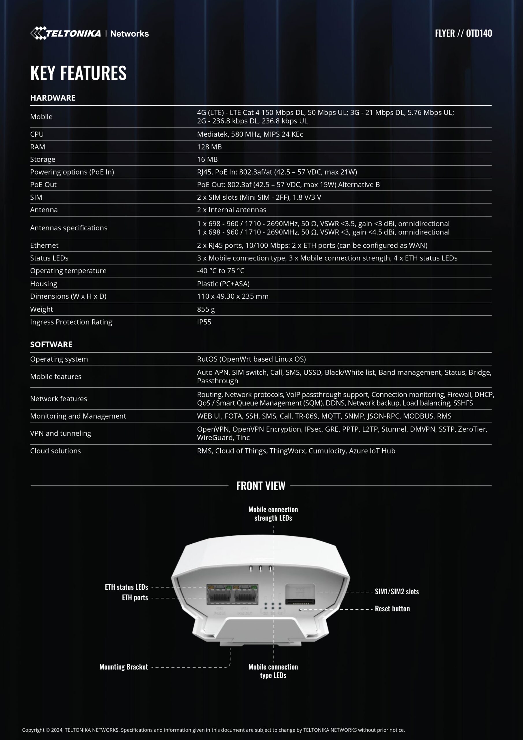 Teltonika | Teltonika Outdoor 4G Router, 4G LTE (Cat 4), 1x PoE-in and 1x PoE-out port, IP55, PSU excluded | OTD140000000 - Image 2