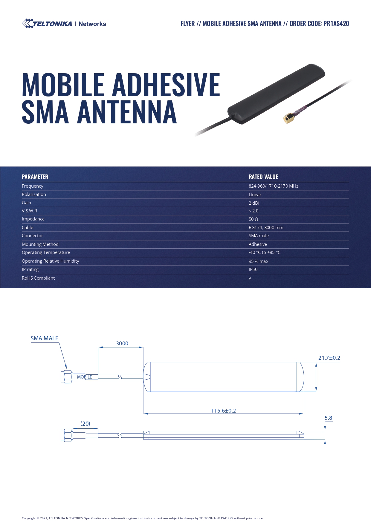Teltonika | Teltonika Mobile Adhesive SMA Antenna, 824-960/1710-2170 MHz | PR1AS420 - Image 1