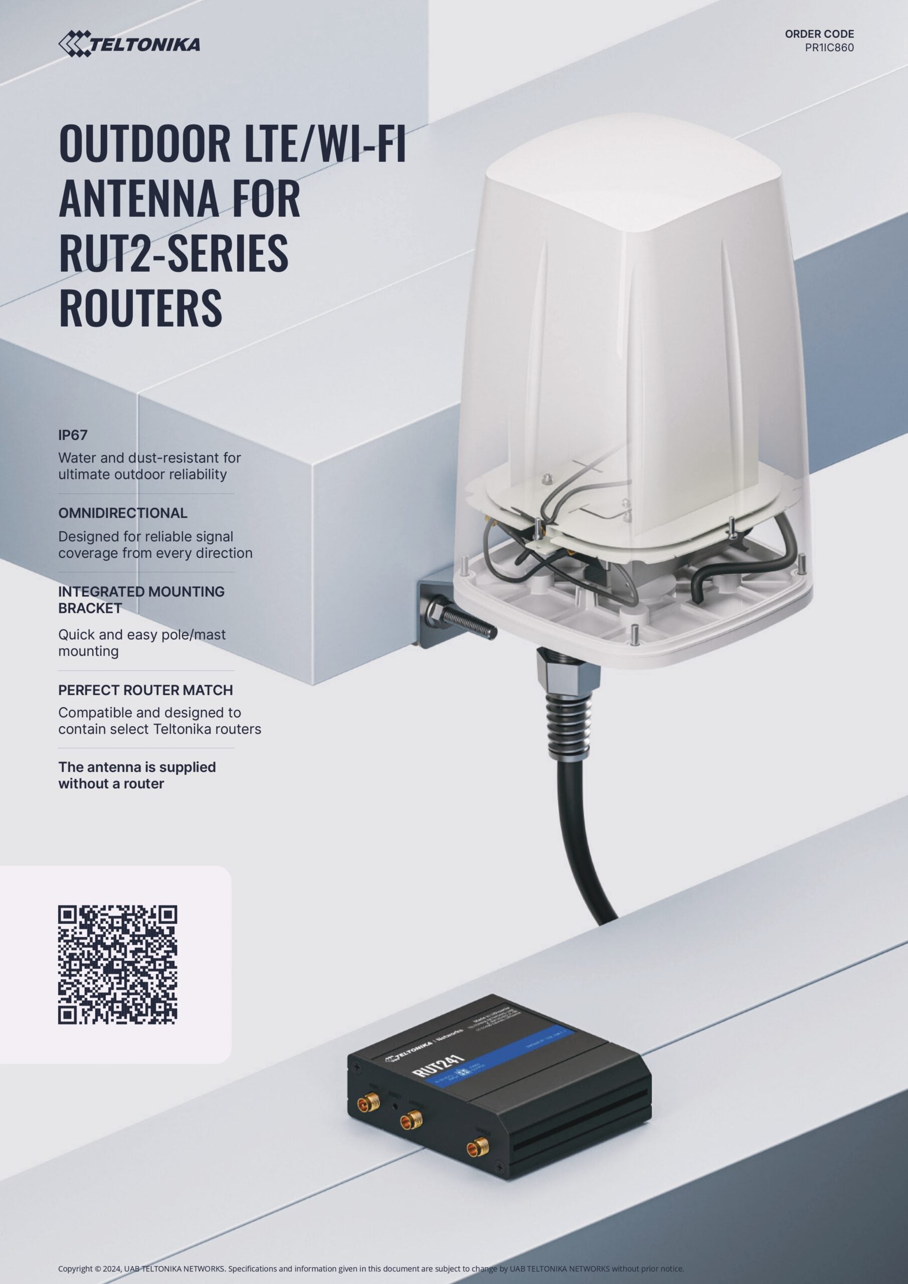 Teltonika | Teltonika OUTDOOR LTE/WI-FI ANTENNA FOR RUT2-SERIES ROUTERS - RUT200, RUT240, RUT241, RUT260 | PR1IC860 - Image 1