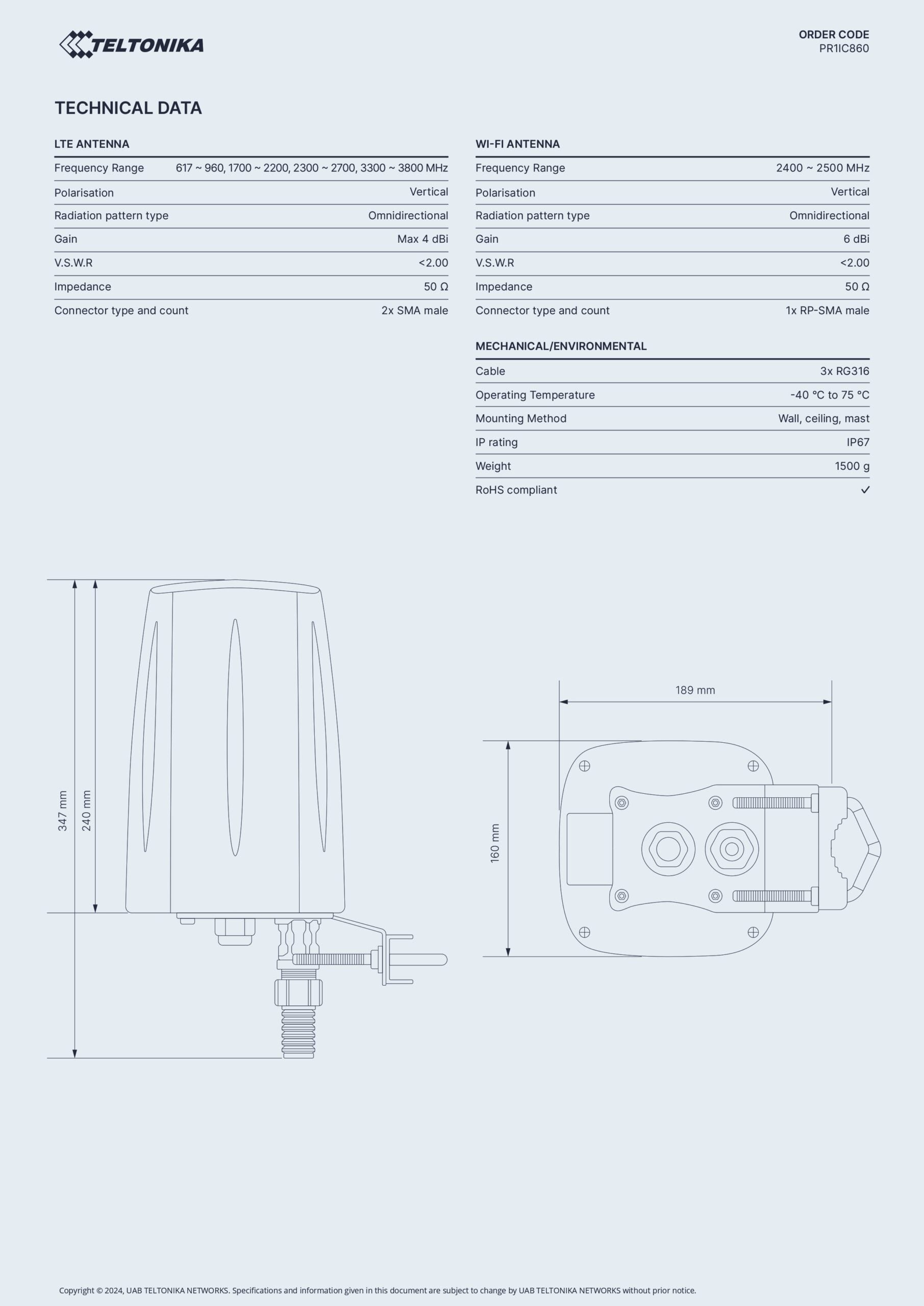 Teltonika | Teltonika OUTDOOR LTE/WI-FI ANTENNA FOR RUT2-SERIES ROUTERS - RUT200, RUT240, RUT241, RUT260 | PR1IC860 - Image 2
