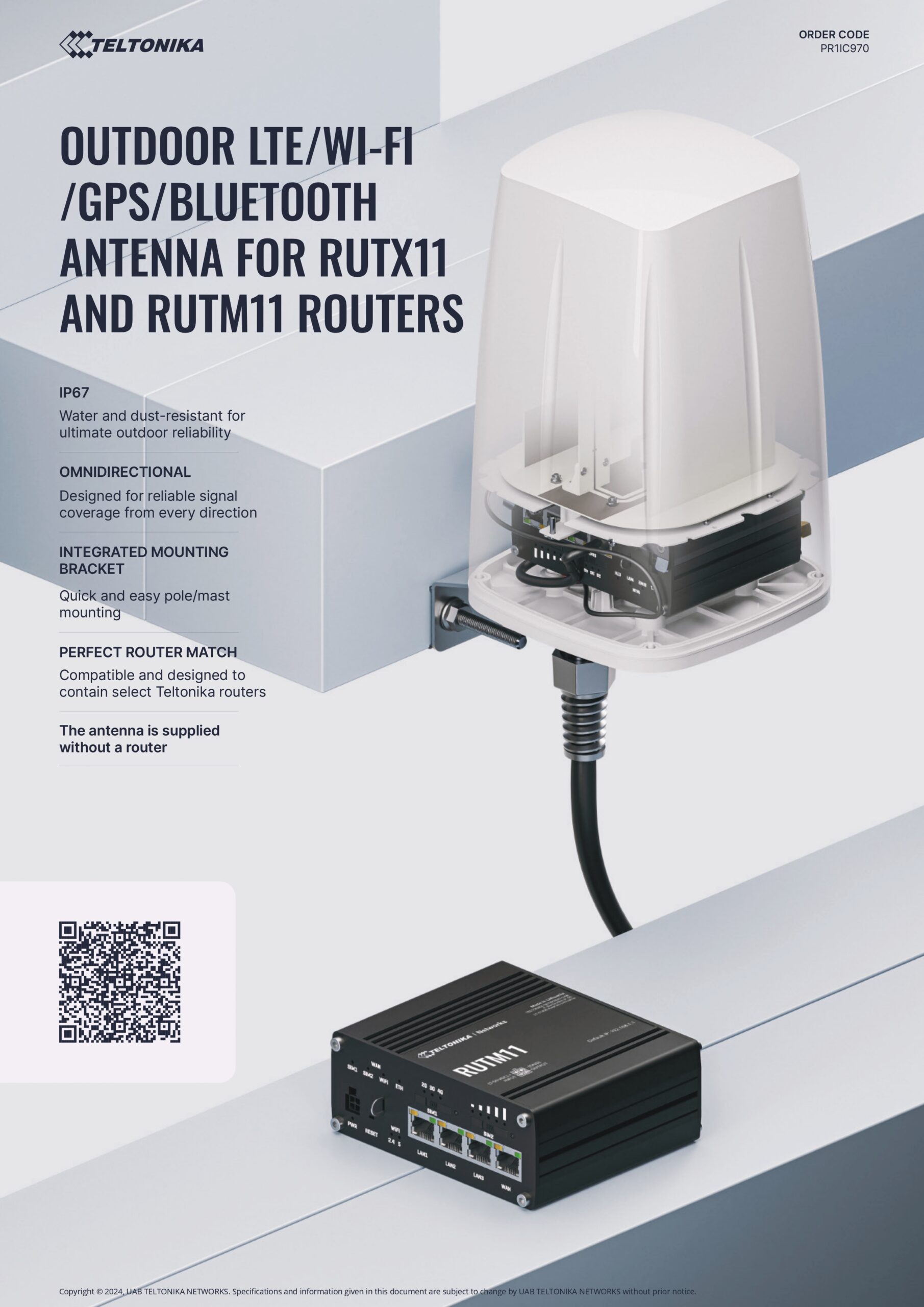 Teltonika | Teltonika OUTDOOR LTE/Wi-Fi/GPS/BLUETOOTH ANTENNA FOR RUTX11  RUTM11 routers | PR1IC970 - Image 1