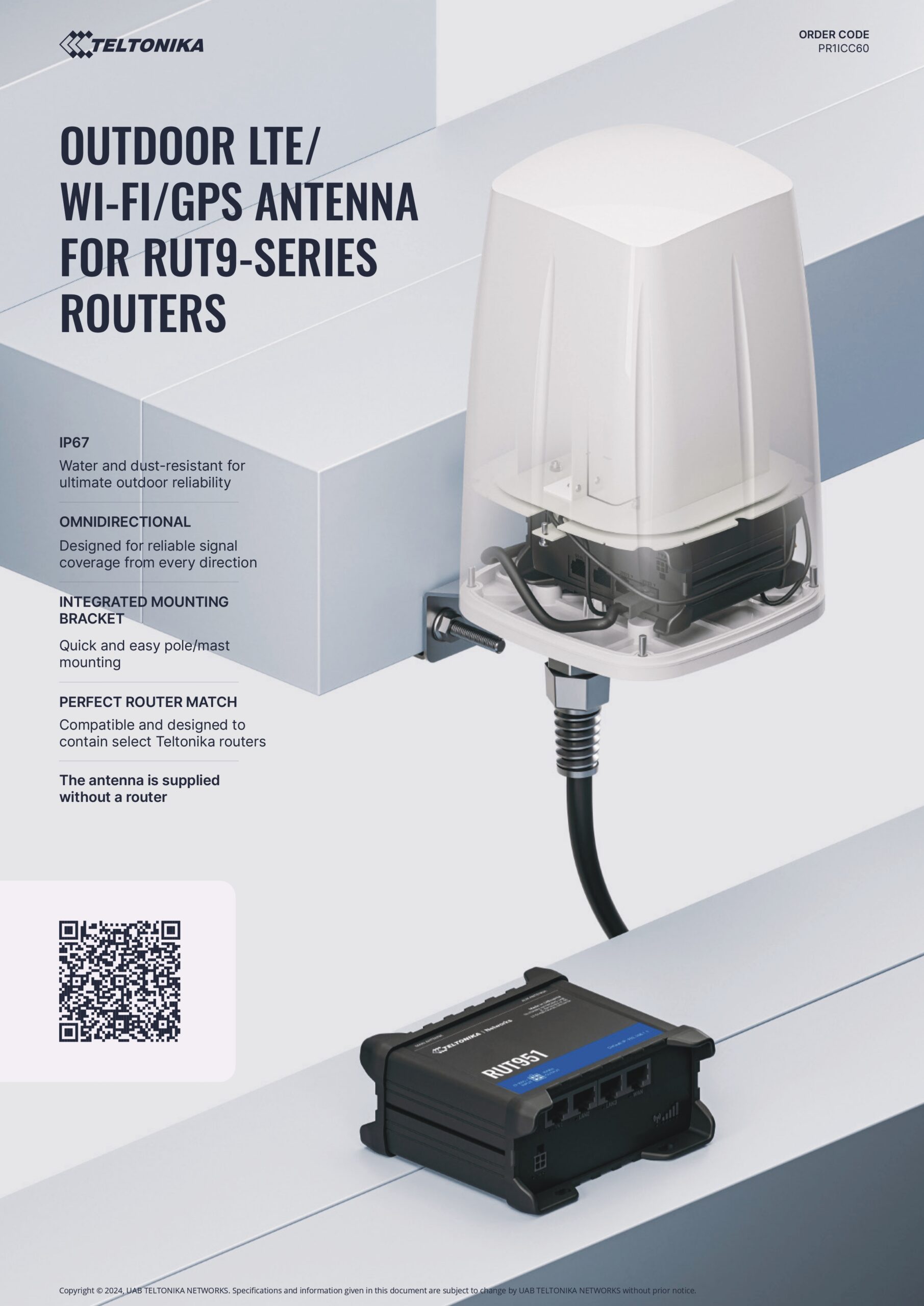 Teltonika | Teltonika OUTDOOR LTE/WI-FI/GPS ANTENNA FOR RUT9-SERIES ROUTERS - RUT901, RUT906, RUT951, RUT955, RUT956 | PR1ICC60 - Image 1
