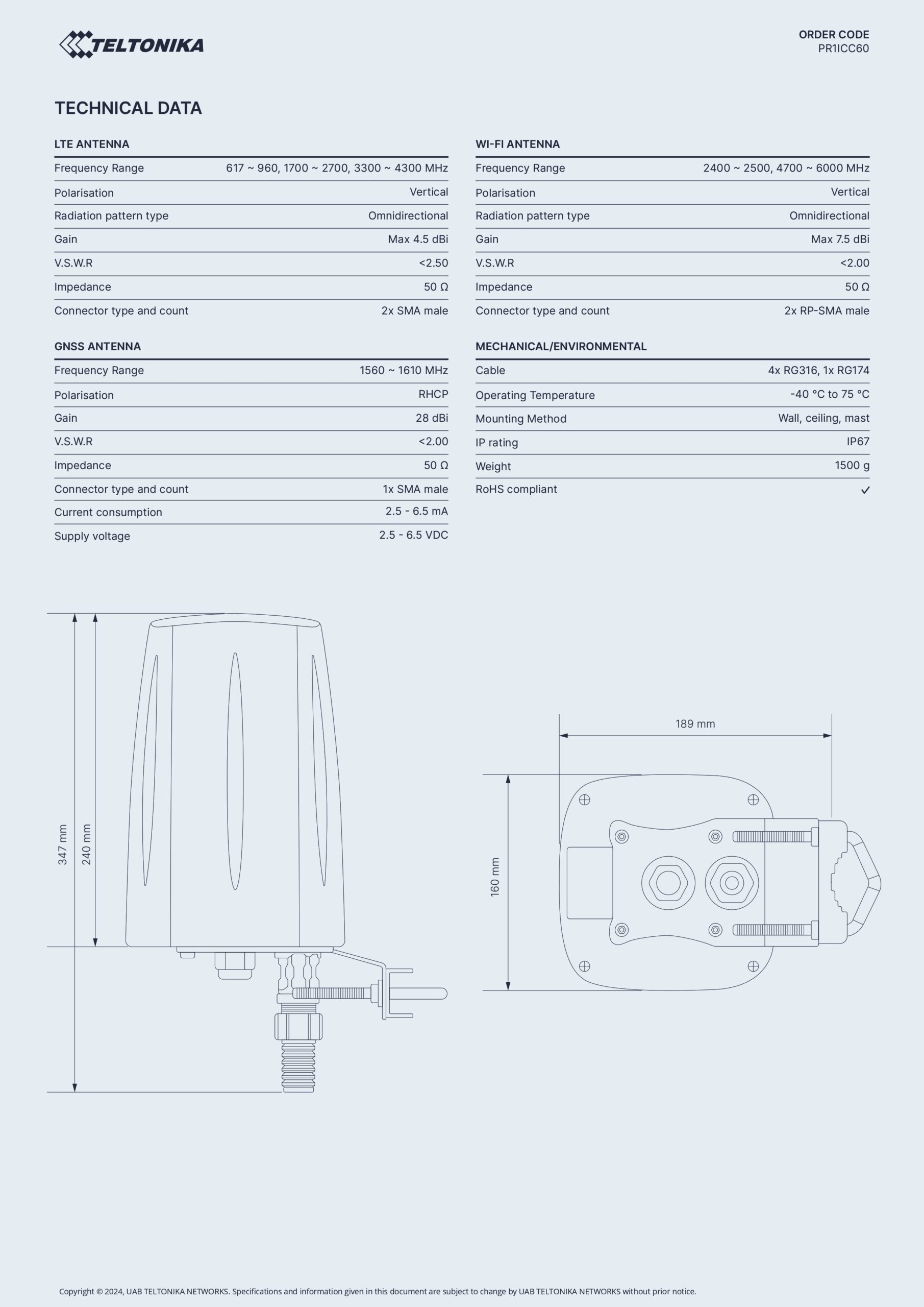 Teltonika | Teltonika OUTDOOR LTE/WI-FI/GPS ANTENNA FOR RUT9-SERIES ROUTERS - RUT901, RUT906, RUT951, RUT955, RUT956 | PR1ICC60 - Image 2