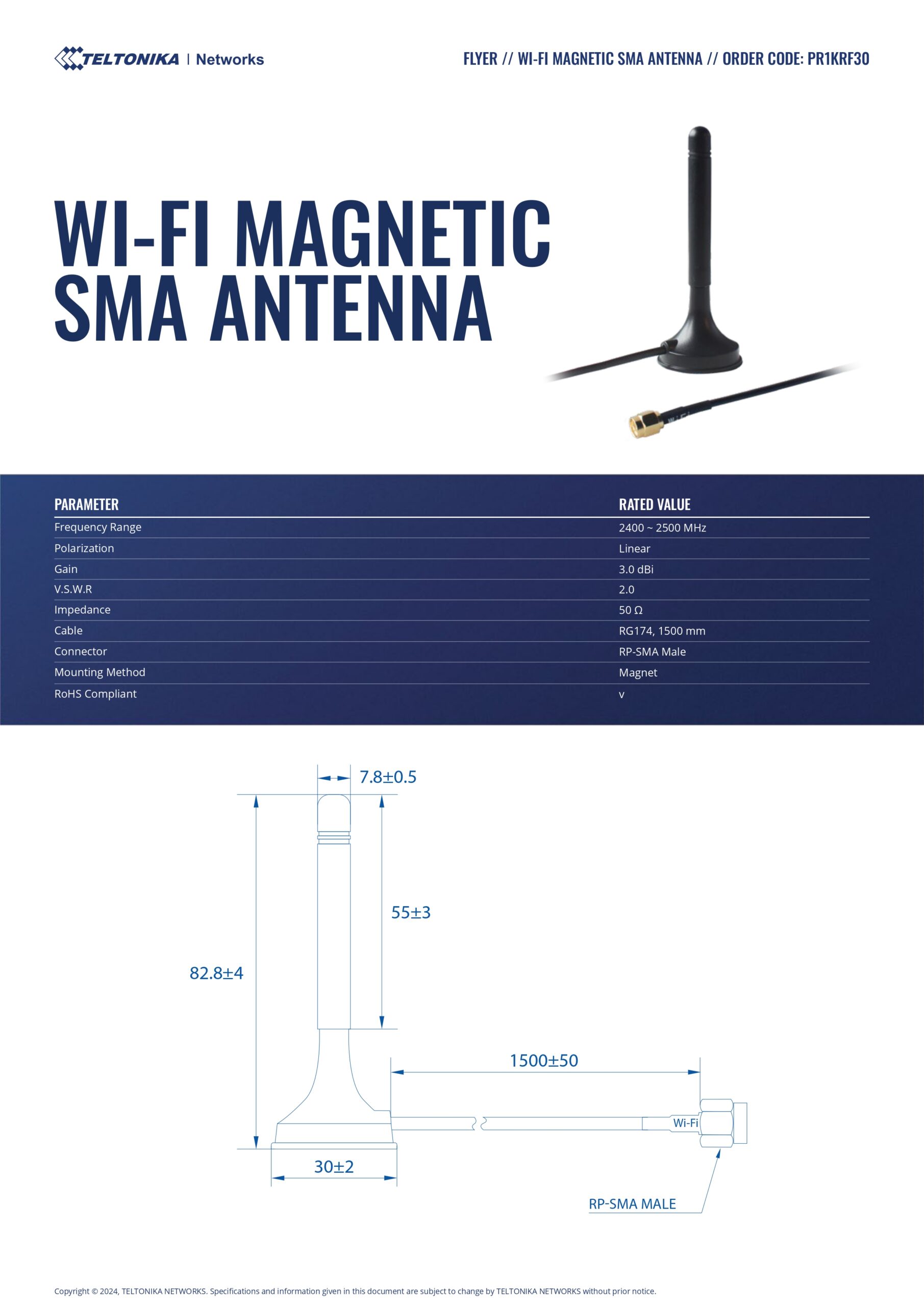 Teltonika | Teltonika WiFi Magnetic SMA Antenna - 2.4GHz 1.5m Cable Length | PR1KRF30 - Image 1