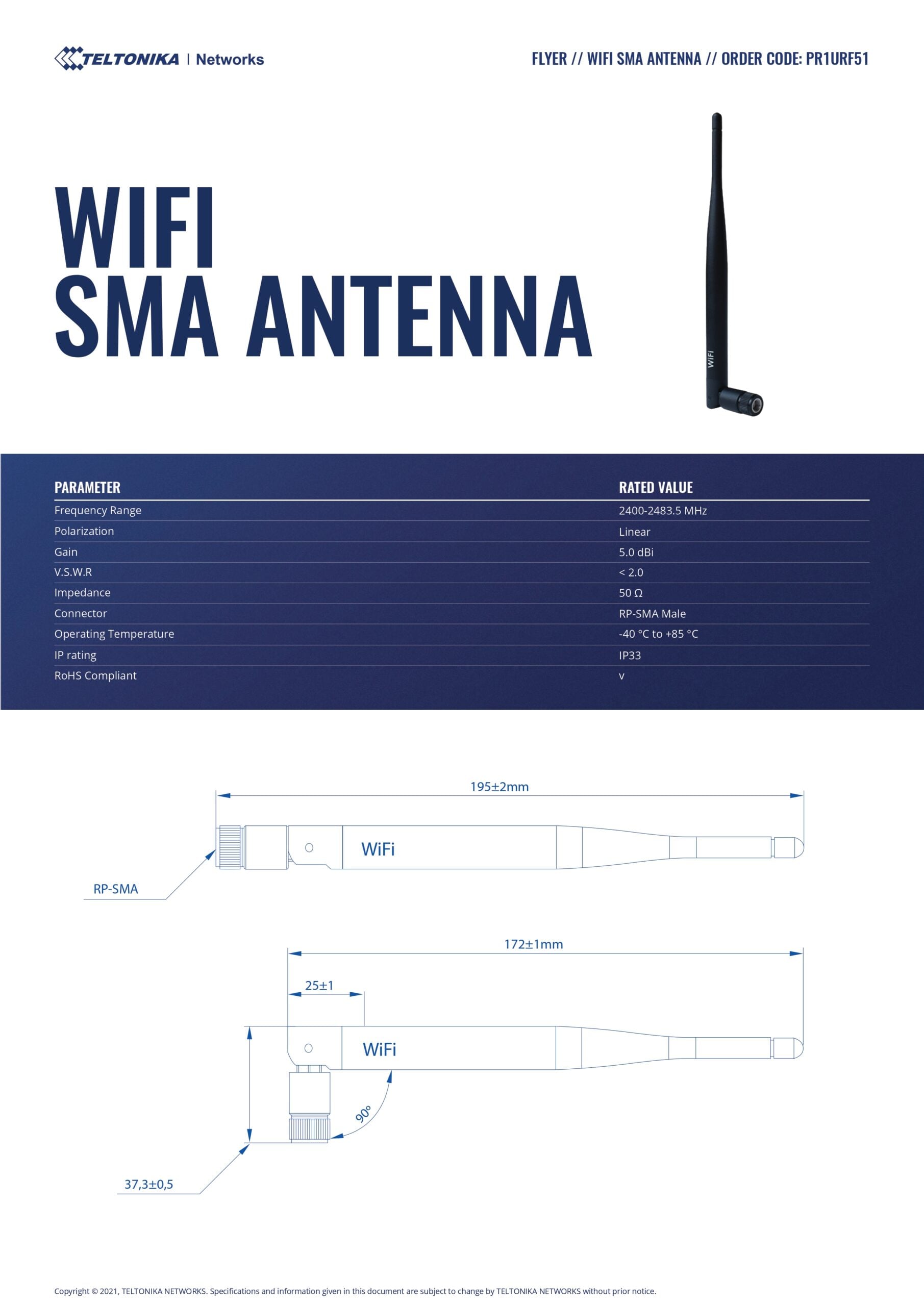 Teltonika | Teltonika WI-FI SMA ANTENNA | PR1URF51 - Image 1
