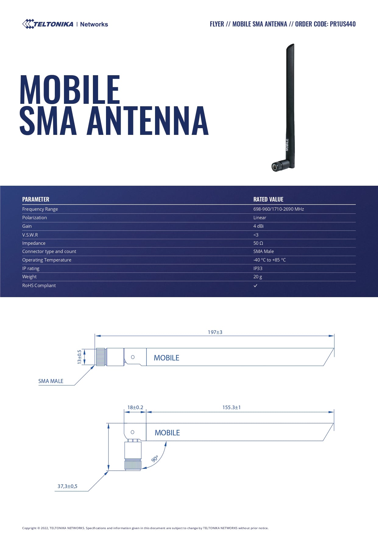 Teltonika | Teltonika Flyer Mobile SMA Antenna | PR1US440 - Image 1