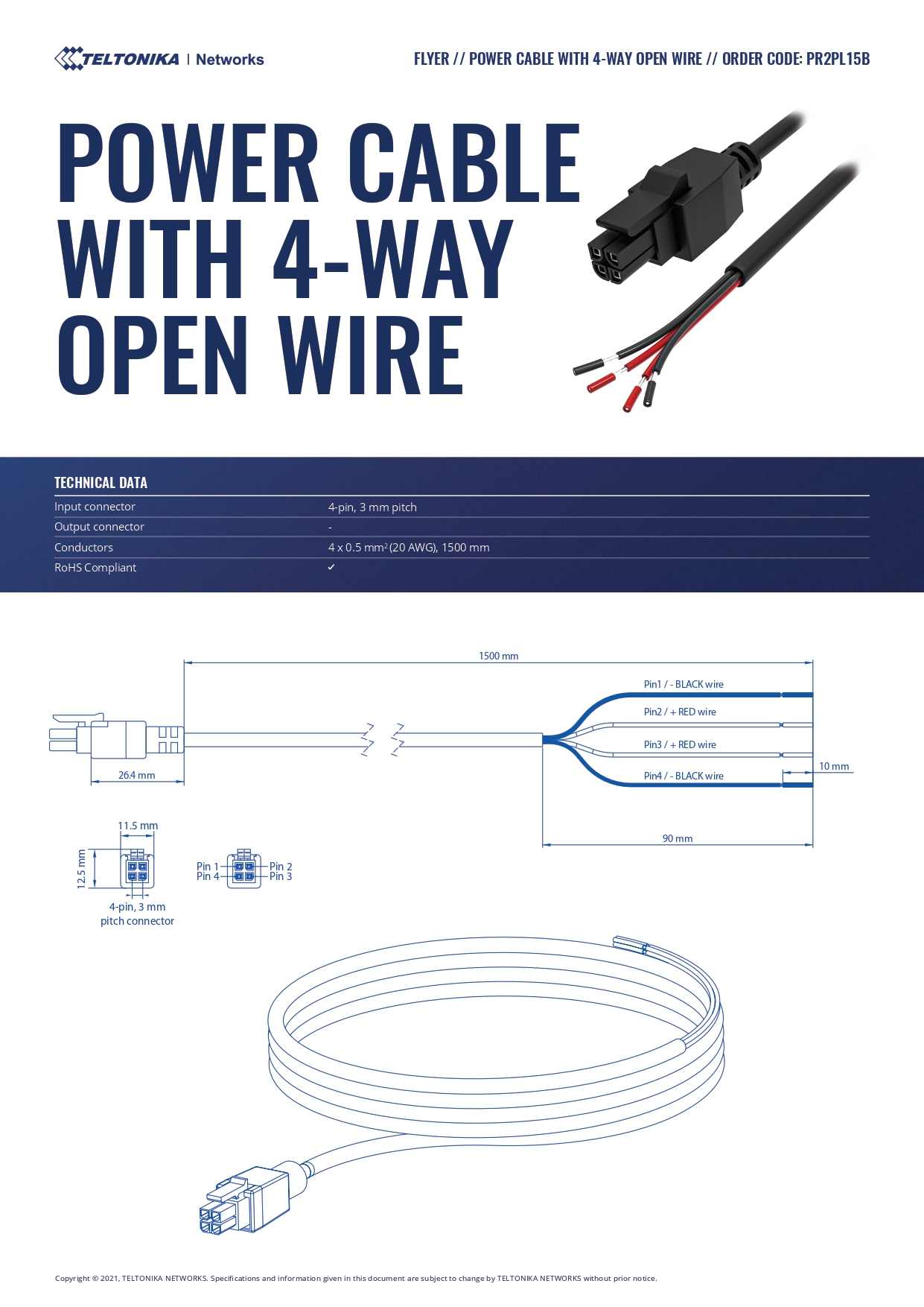 Teltonika | Teltonika Power cable with 4-way open wire | PR2PL15B - Image 1