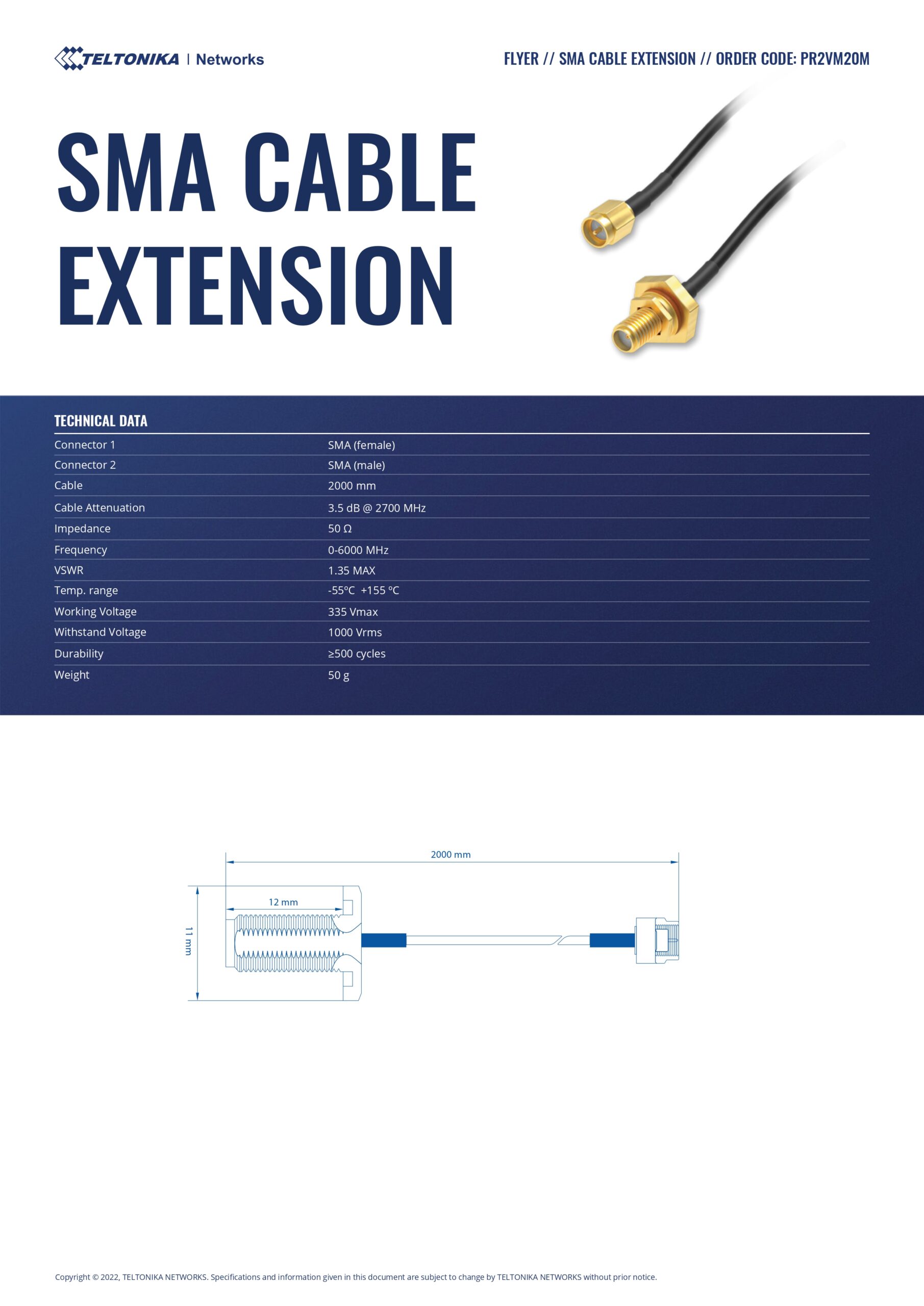Teltonika | Teltonika SMA CABLE EXTENSION | PR2VM20M - Image 1