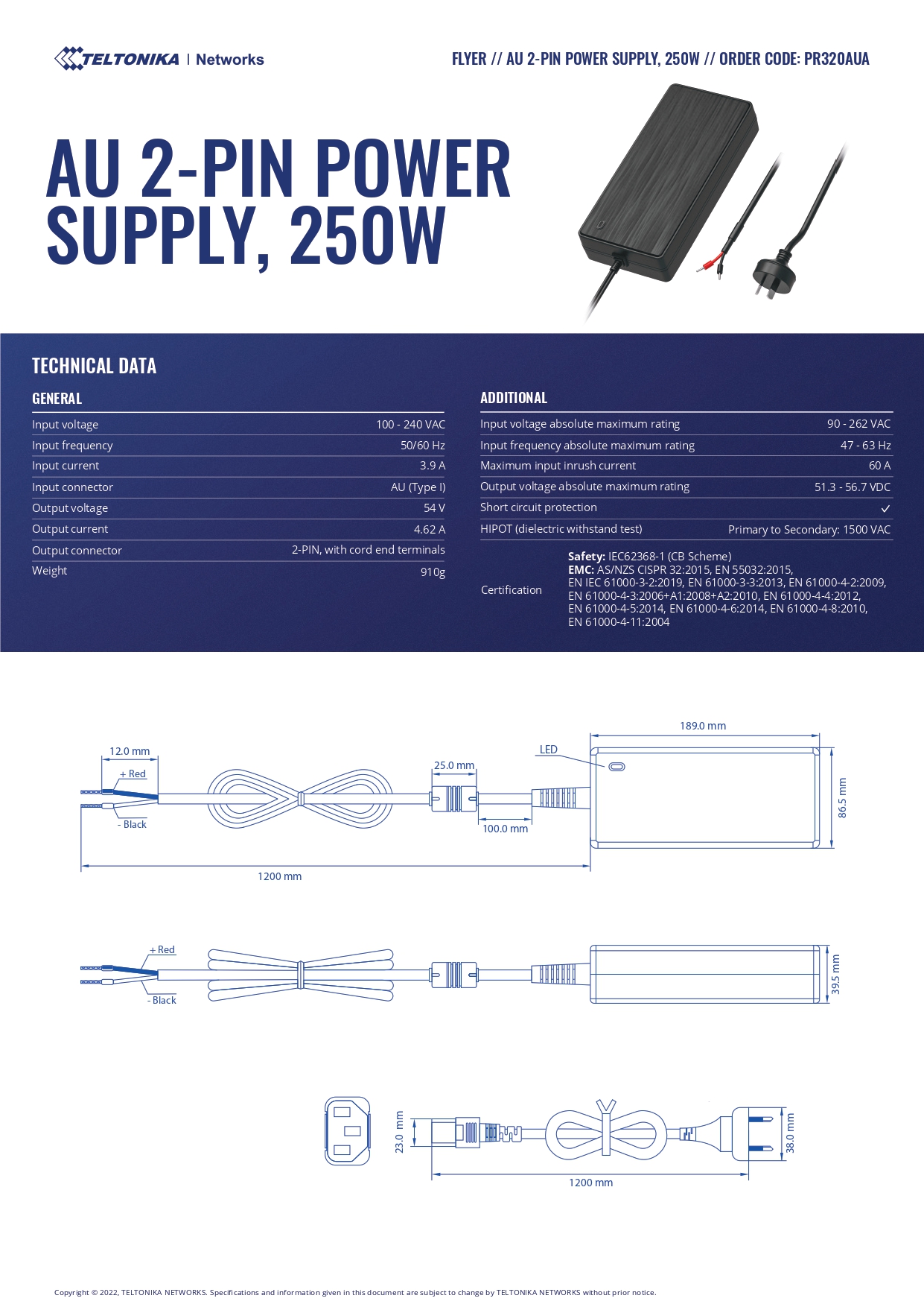 Teltonika | Teltonika 2 Pin AU Power Supply, 250W | PR320AUA - Image 1