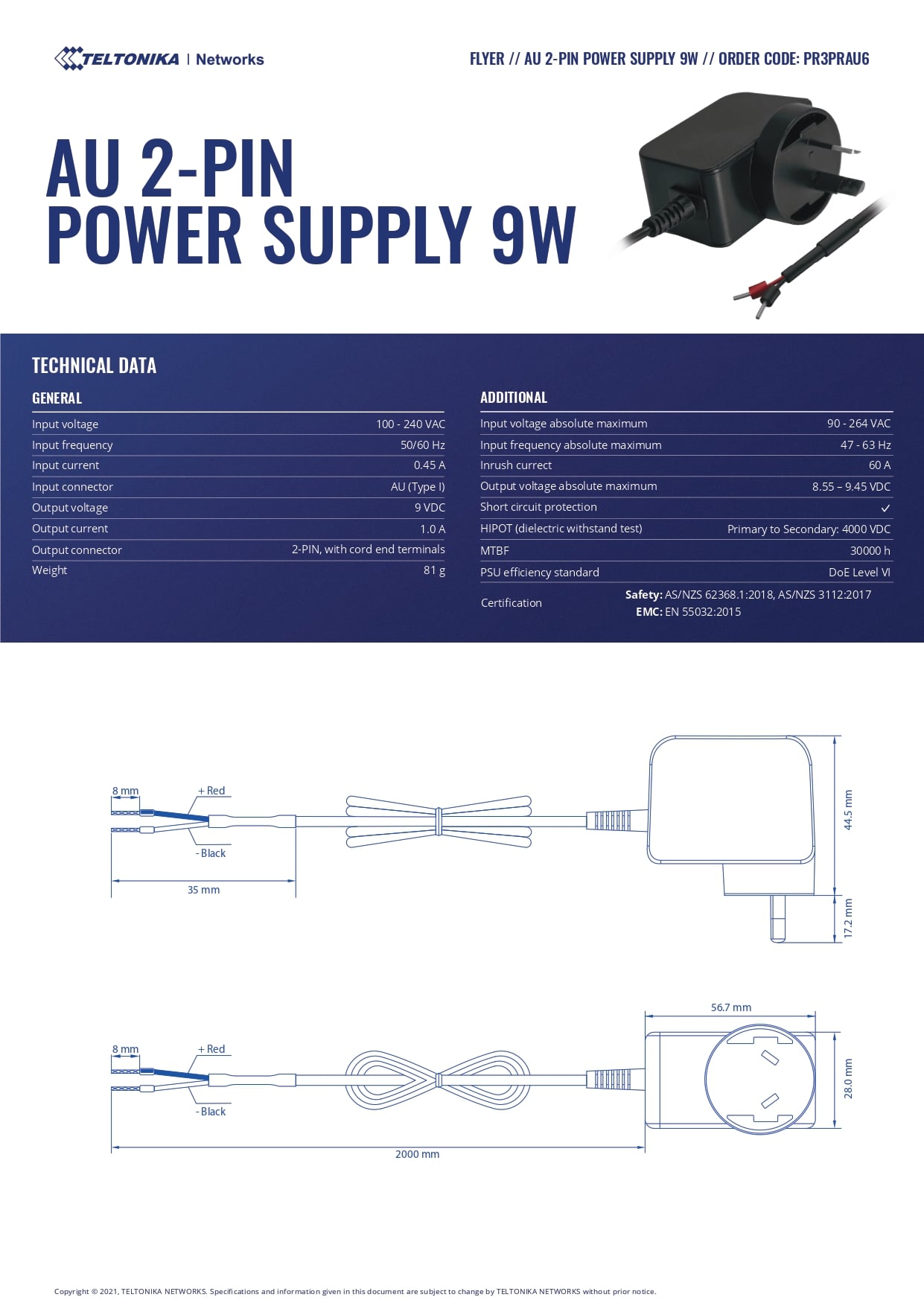 Teltonika | Teltonika 2 Pin AU Power Supply, 9W - For TRB245, TRB255, TSW010, TSW114, TSW210, TSW304 | PR3PRAU6 - Image 1