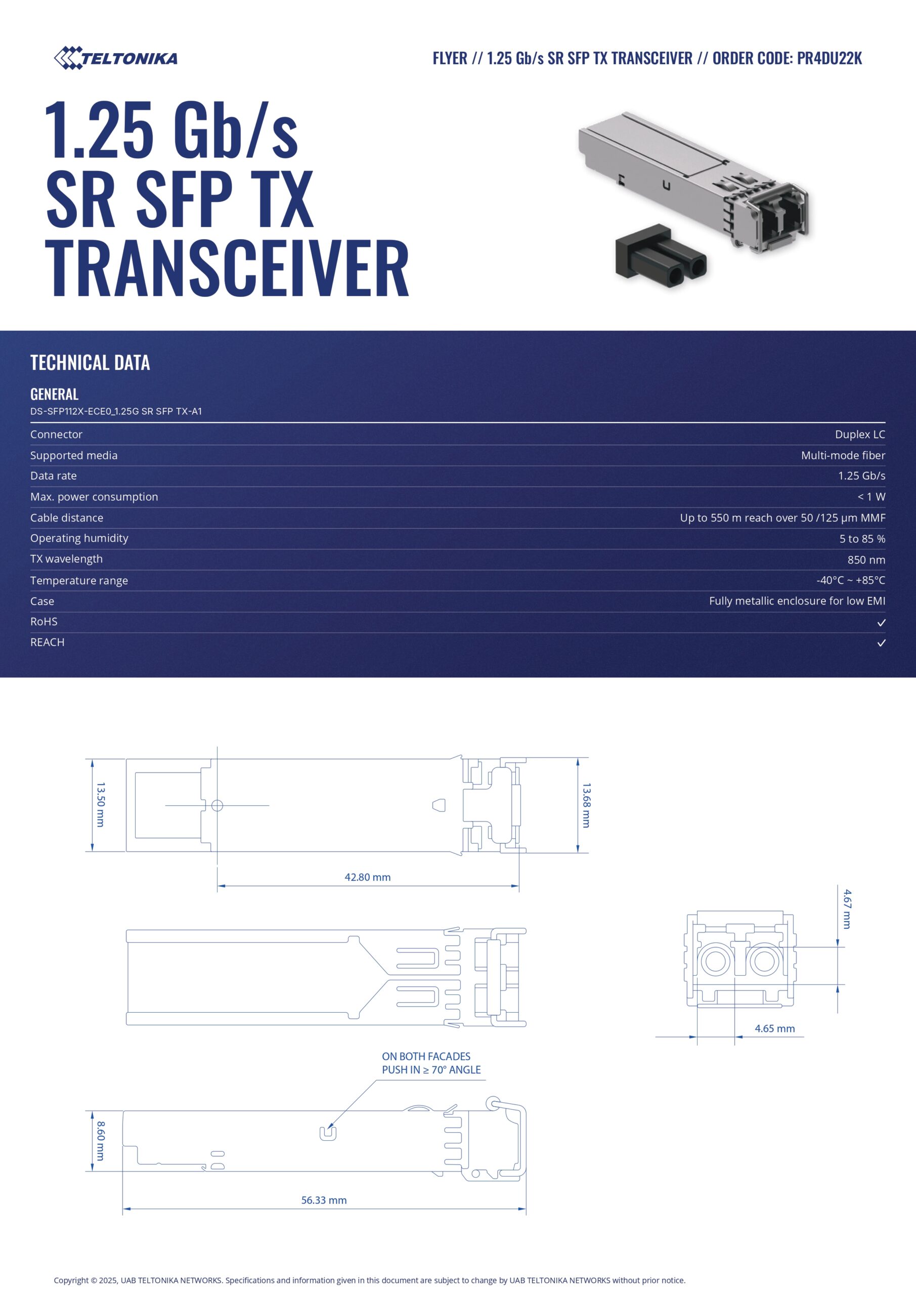 Teltonika | Teltonika PR4DU22K - 1.25 Gbps SR SFP TX Transceiver | PR4DU22K - Image 1
