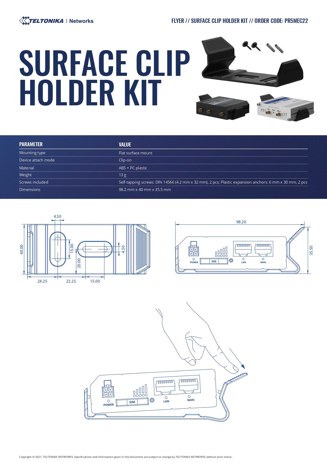 Teltonika | Teltonika SURFACE CLIP HOLDER KIT - For use with RUT240, RUT241,RUT200,TRB245 | PR5MEC22 - Image 1
