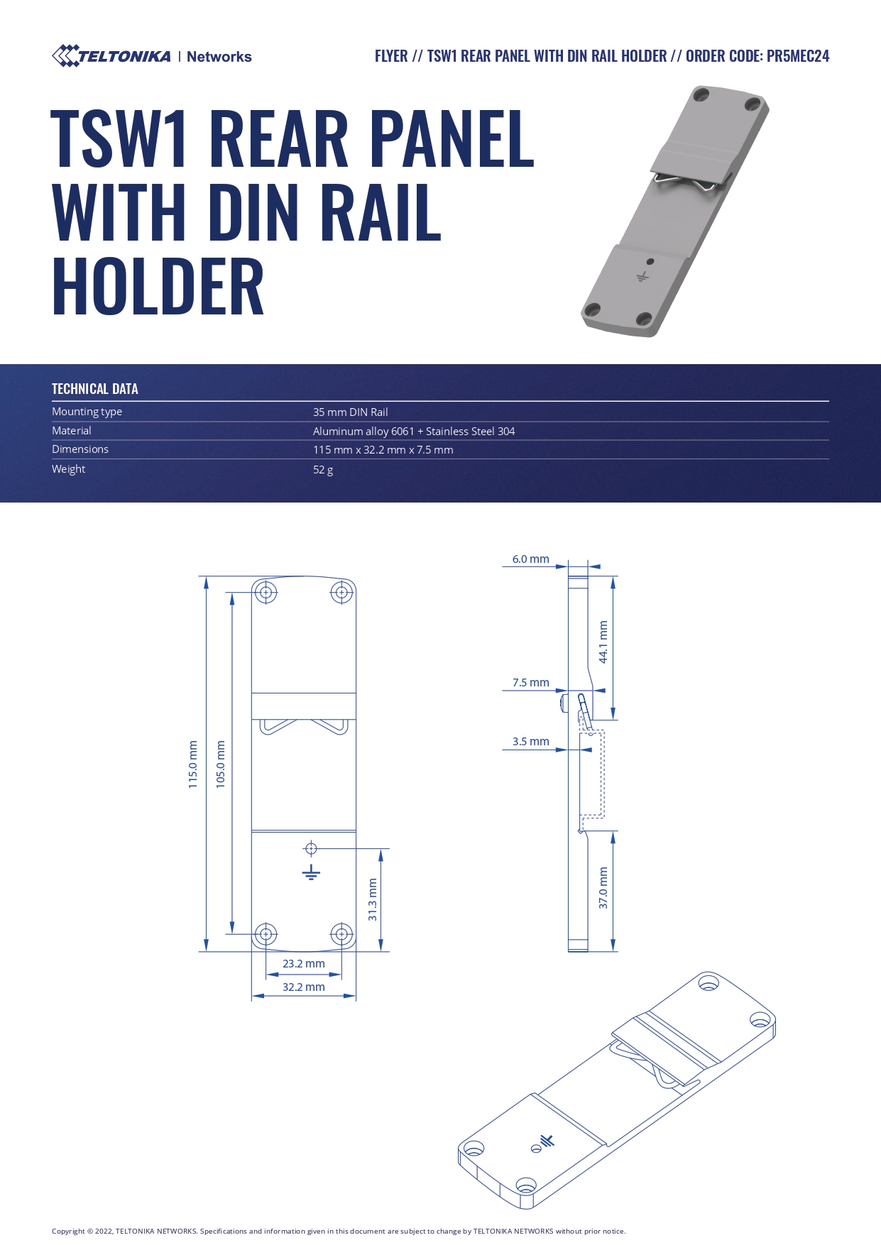 Teltonika | Teltonika TSW1 REAR PANEL WITH DIN RAIL HOLDER | PR5MEC24 - Image 1