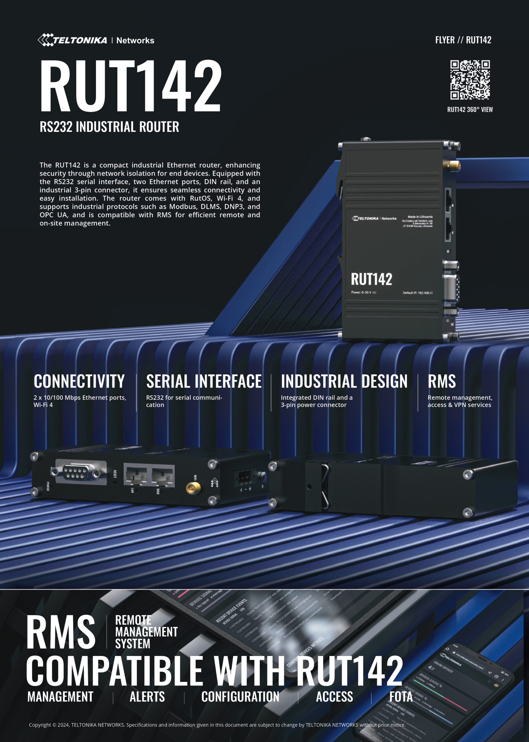 Teltonika | Teltonika RUT142 Industrial Router, Wi-Fi 4, RS232  for Serial Communication, Integrated DIN Rail Bracket, 3-Pin Power Connector, PSU excluded | RUT142000000 - Image 1