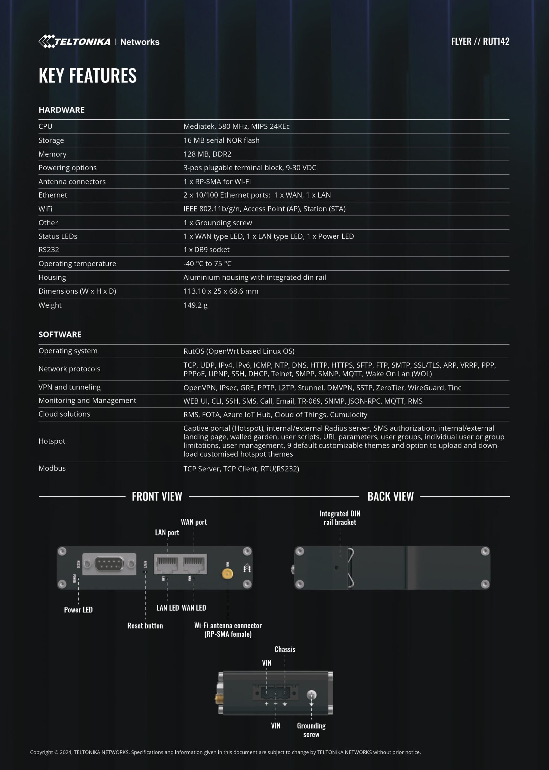 Teltonika | Teltonika RUT142 Industrial Router, Wi-Fi 4, RS232  for Serial Communication, Integrated DIN Rail Bracket, 3-Pin Power Connector, PSU excluded | RUT142000000 - Image 2