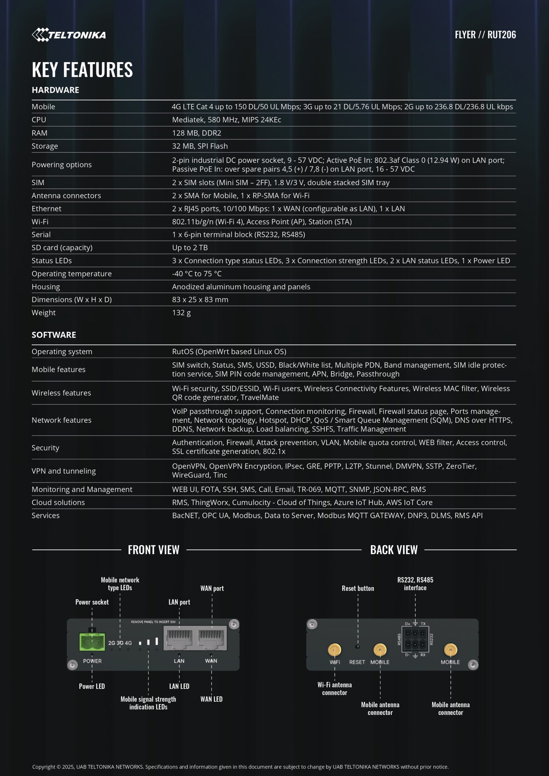 Teltonika | Teltonika RUT206 Industrial 4G Router, Cat 4, RS232  RS485 for serial communication, 2-PIN POWER INPUT, Active and Passive PoE inputs | RUT206010000 - Image 2