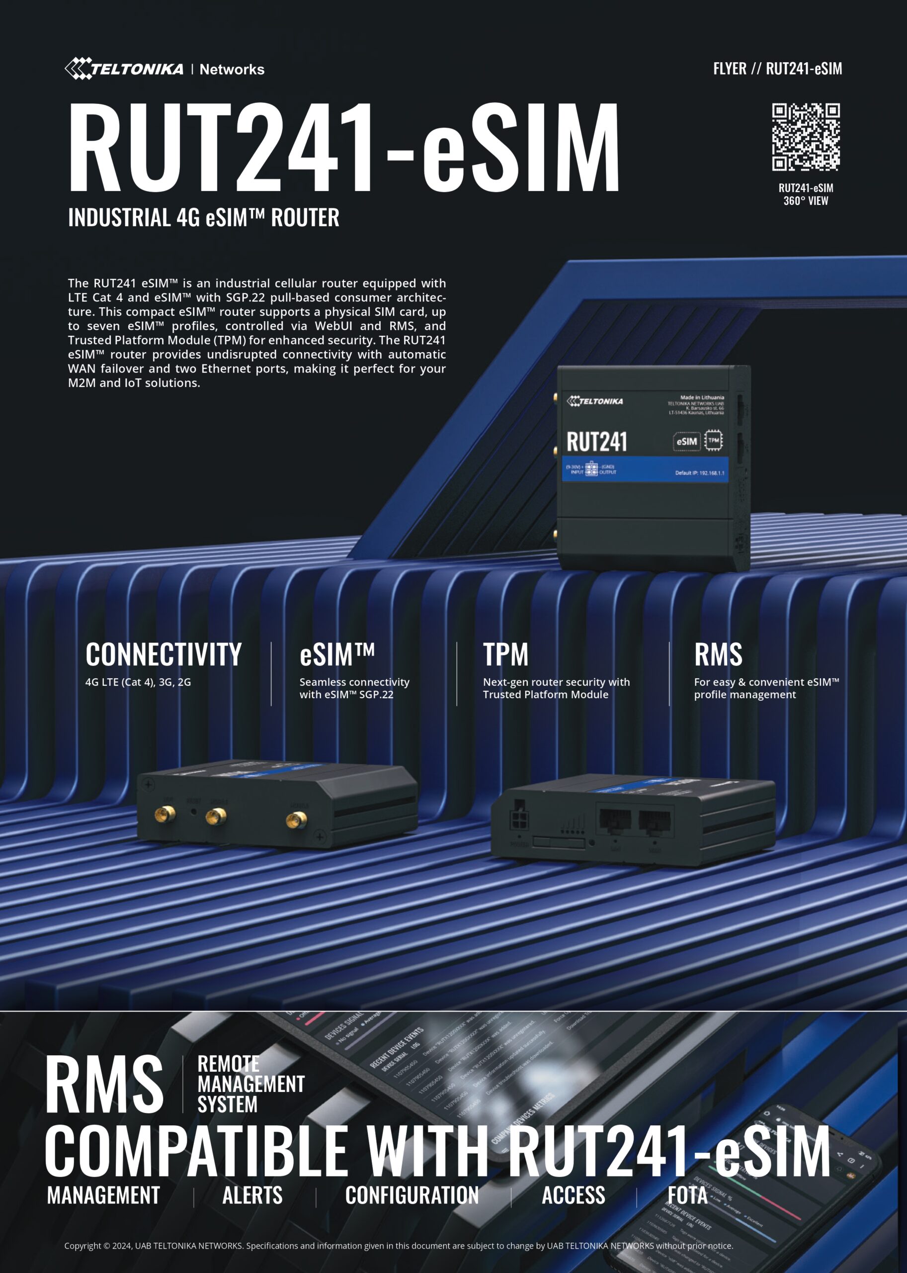 Teltonika | Teltonika RUT241 eSIM™ Industrial 4G Router,Global Version, Instant LTE Failover, Compact and Powerful Industrial 4G LTE Router/Firewall, PSU included | RUT241235000/RUT241265000 - Image 1
